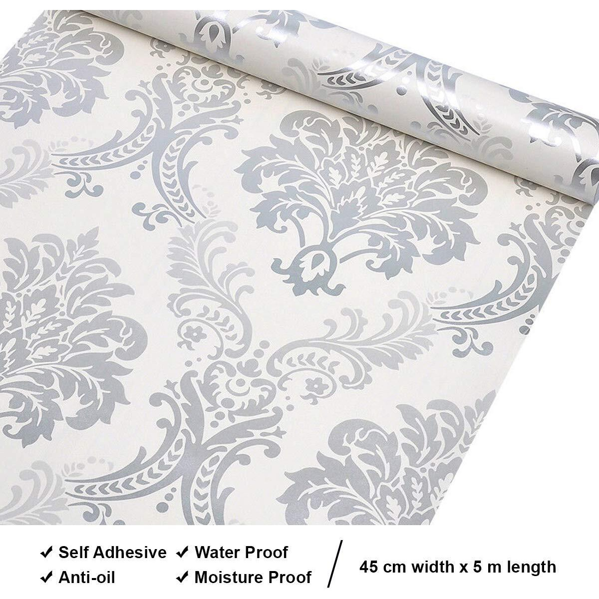 wolpin Wall Stickers DIY Wallpaper (45 x 500 cm) Damask Large Self Adhesive Decal Living Room Home Interior Decoration, Grey
