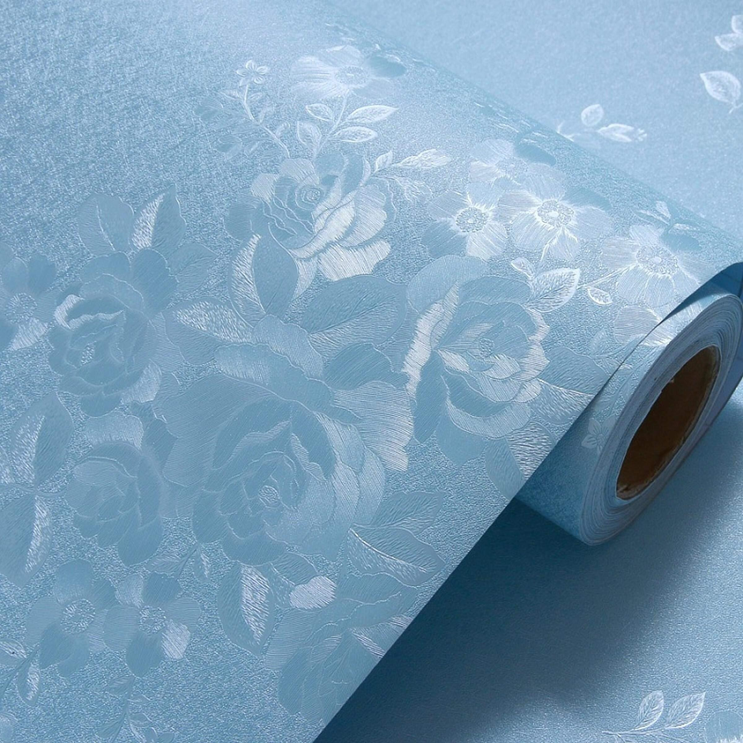Wolpin Wall Sticker Wallpaper Flower Rose Textured (45 x 300 cm) DIY Self Adhesive Decal Bedroom, Living Room, Hallway, Oceanic Blue