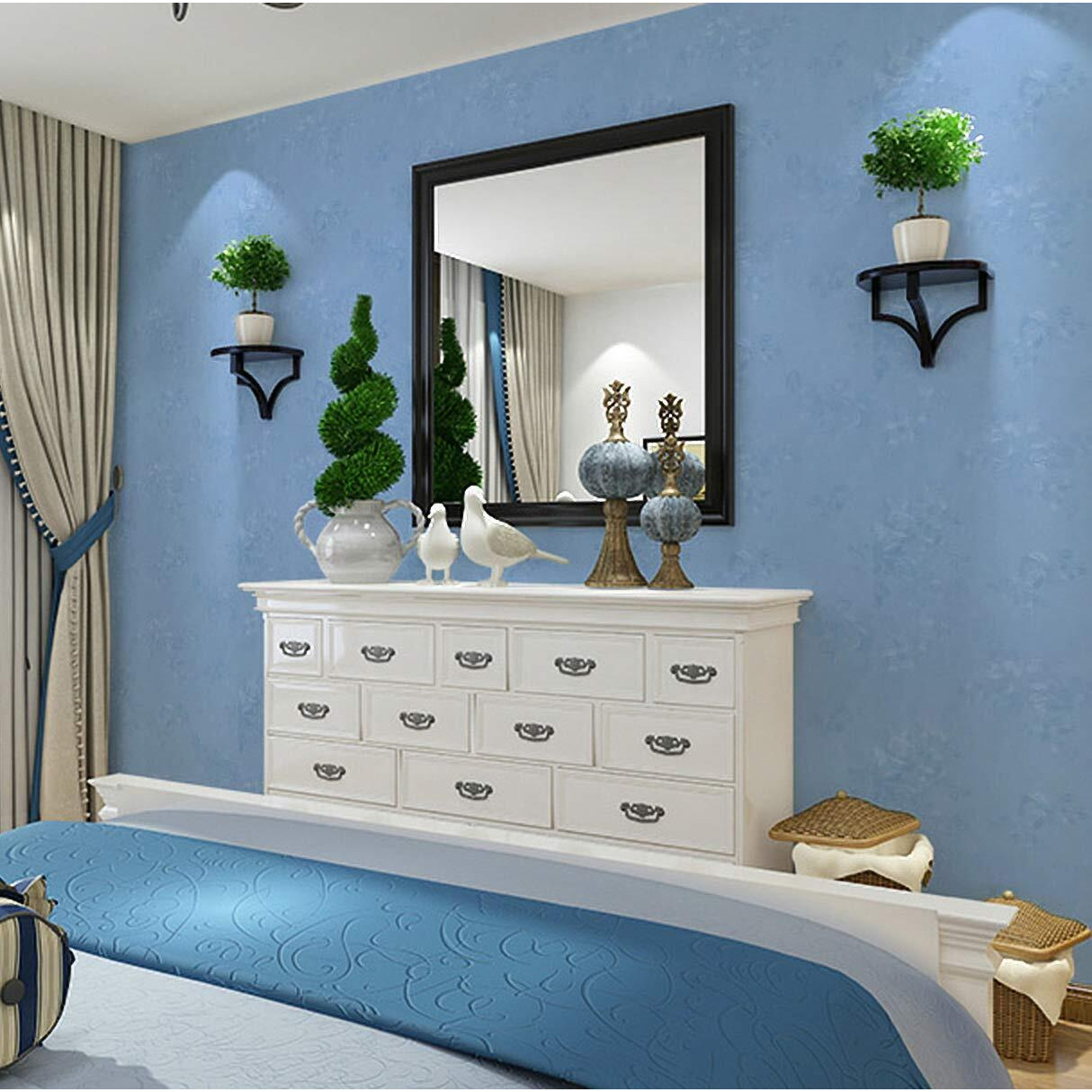 Wolpin Wall Sticker Wallpaper Flower Rose Textured (45 x 300 cm) DIY Self Adhesive Decal Bedroom, Living Room, Hallway, Oceanic Blue