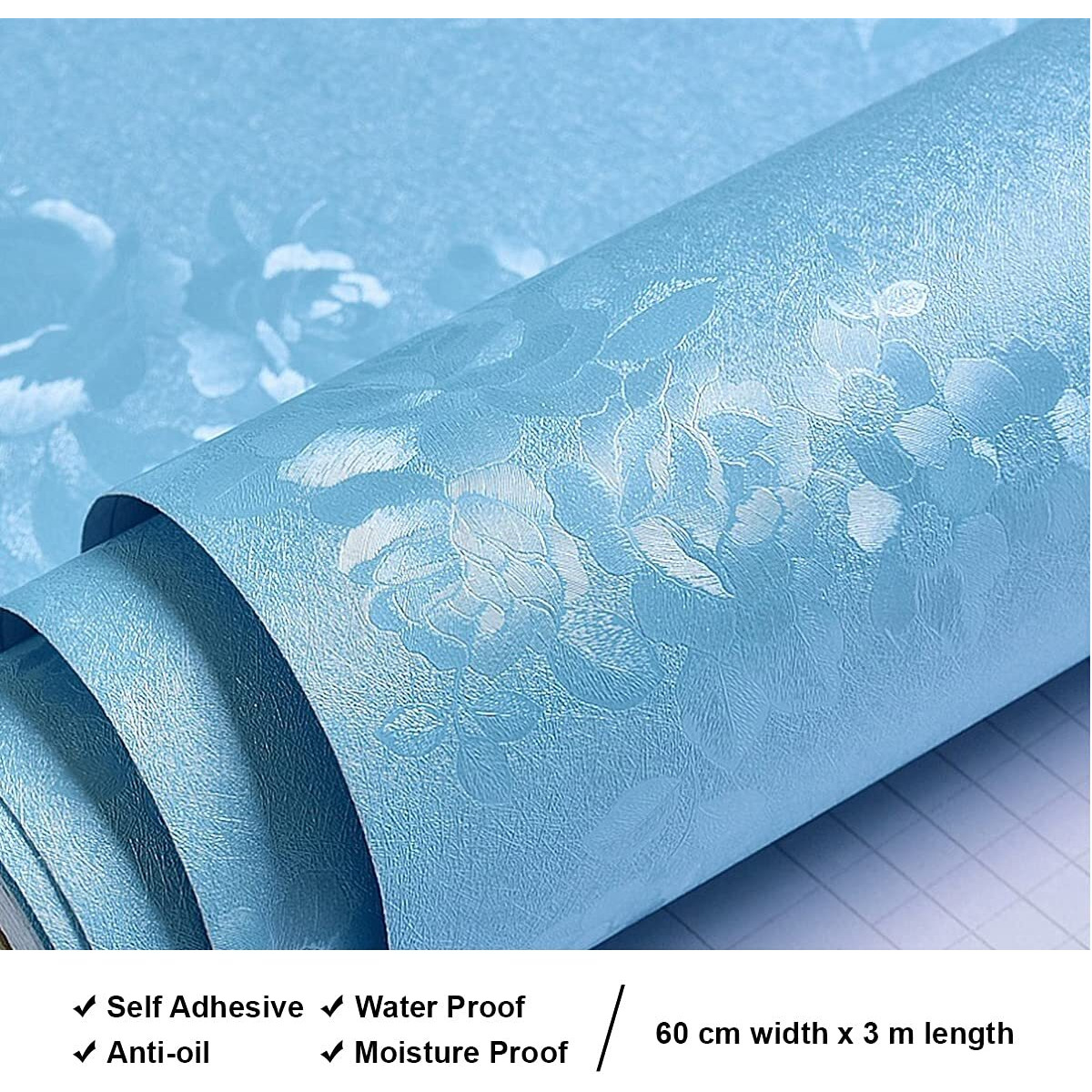 Wolpin Wall Sticker Wallpaper Flower Rose Textured (45 x 300 cm) DIY Self Adhesive Decal Bedroom, Living Room, Hallway, Oceanic Blue