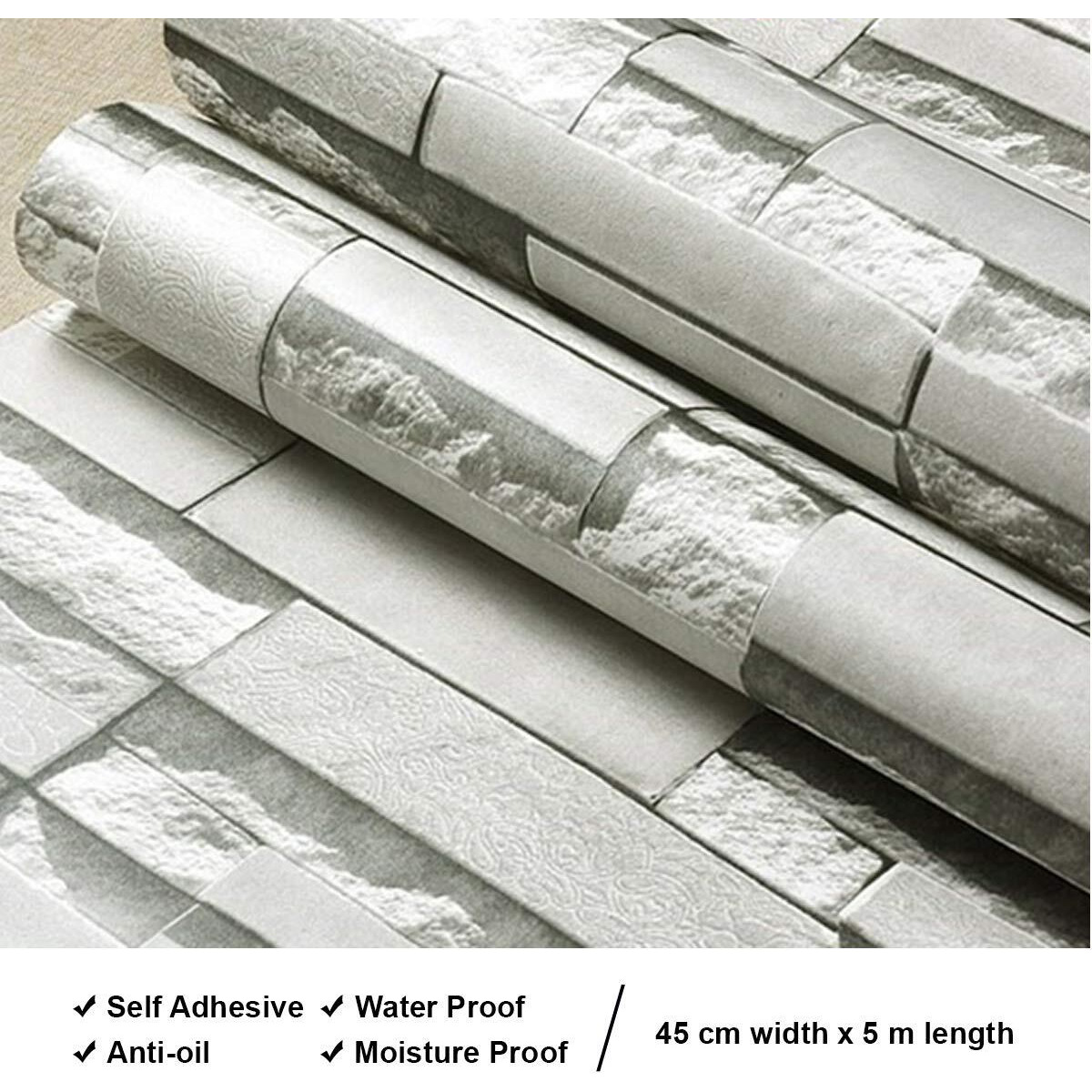 Wolpin Wall Stickers DIY Wallpaper Decal (45 x 500 cm) 3D Brick Self Adhesive House Office Decorative PVC Vinyl, Living Room, Hall, Kitchen Shelf Liner Interior, Stealth Grey Decorative Wallpaper