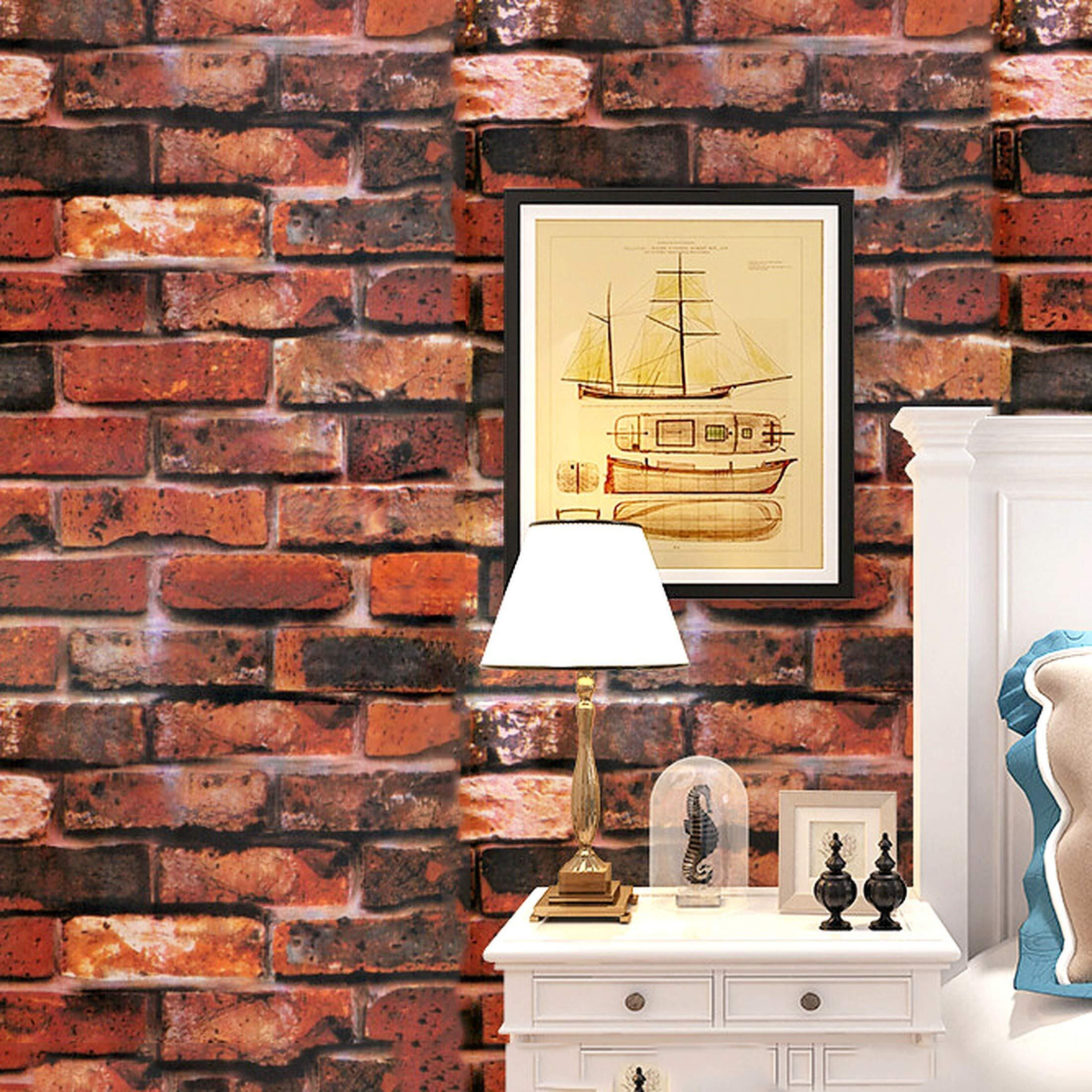 Wolpin Wall Stickers DIY Botanical Wallpaper Decal 3D Brick Self Adhesive House Office Decorative PVC Vinyl, Living Room, Hall Kitchen Shelf Liner Contact Paper Interior, Smokin Red