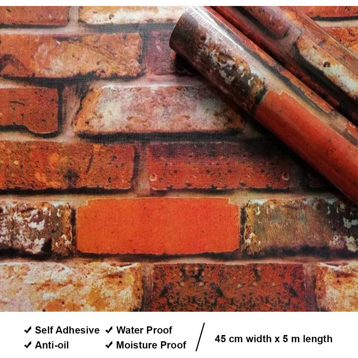 Wolpin Wall Stickers DIY Botanical Wallpaper Decal 3D Brick Self Adhesive House Office Decorative PVC Vinyl, Living Room, Hall Kitchen Shelf Liner Contact Paper Interior, Smokin Red