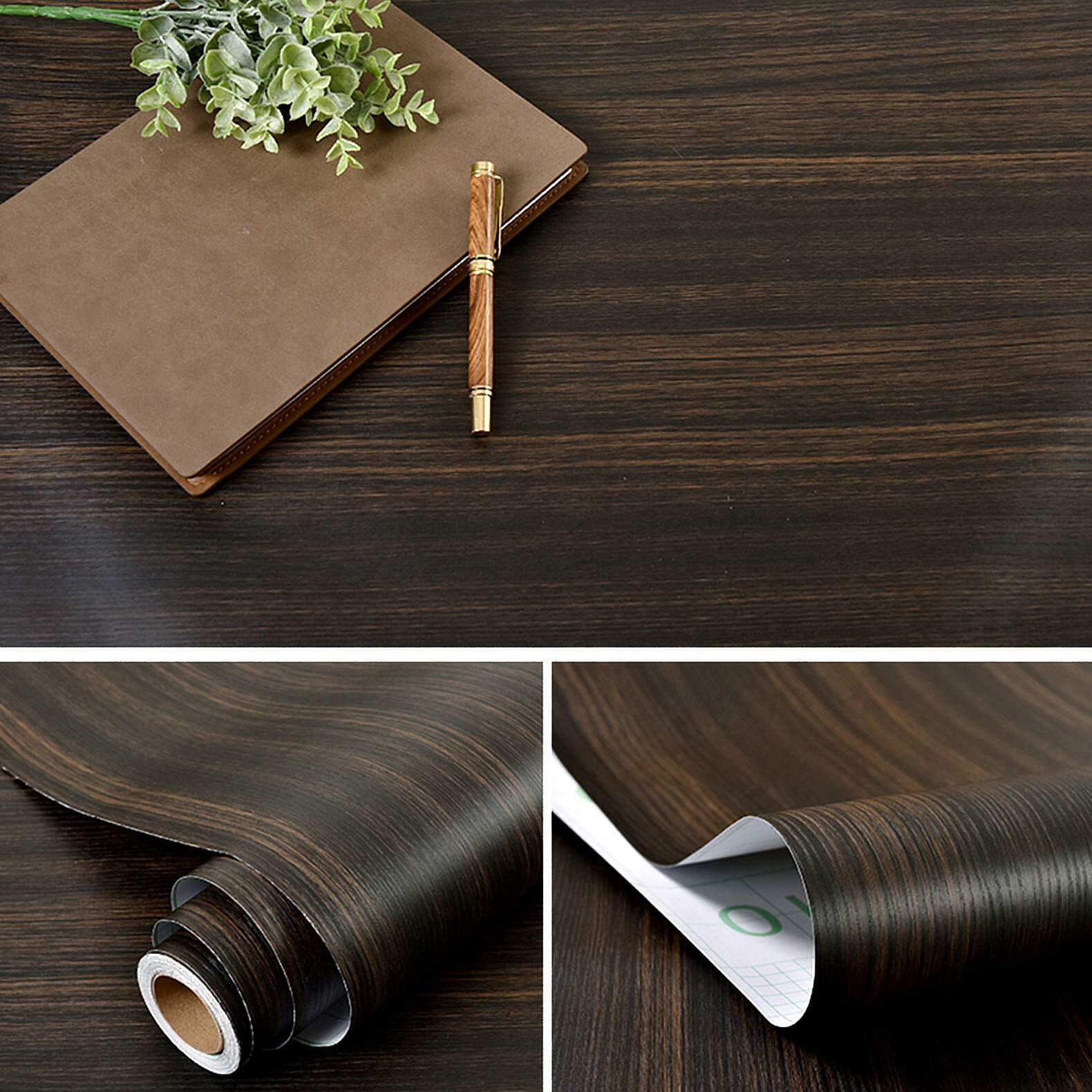 Wolpin Wall Stickers Wood Wallpaper DIY Vinyl Shelf Liner, Door, Furniture, Almirah, Table Top, Wardrobe, Kitchen Cupboard Decal, Black Brown