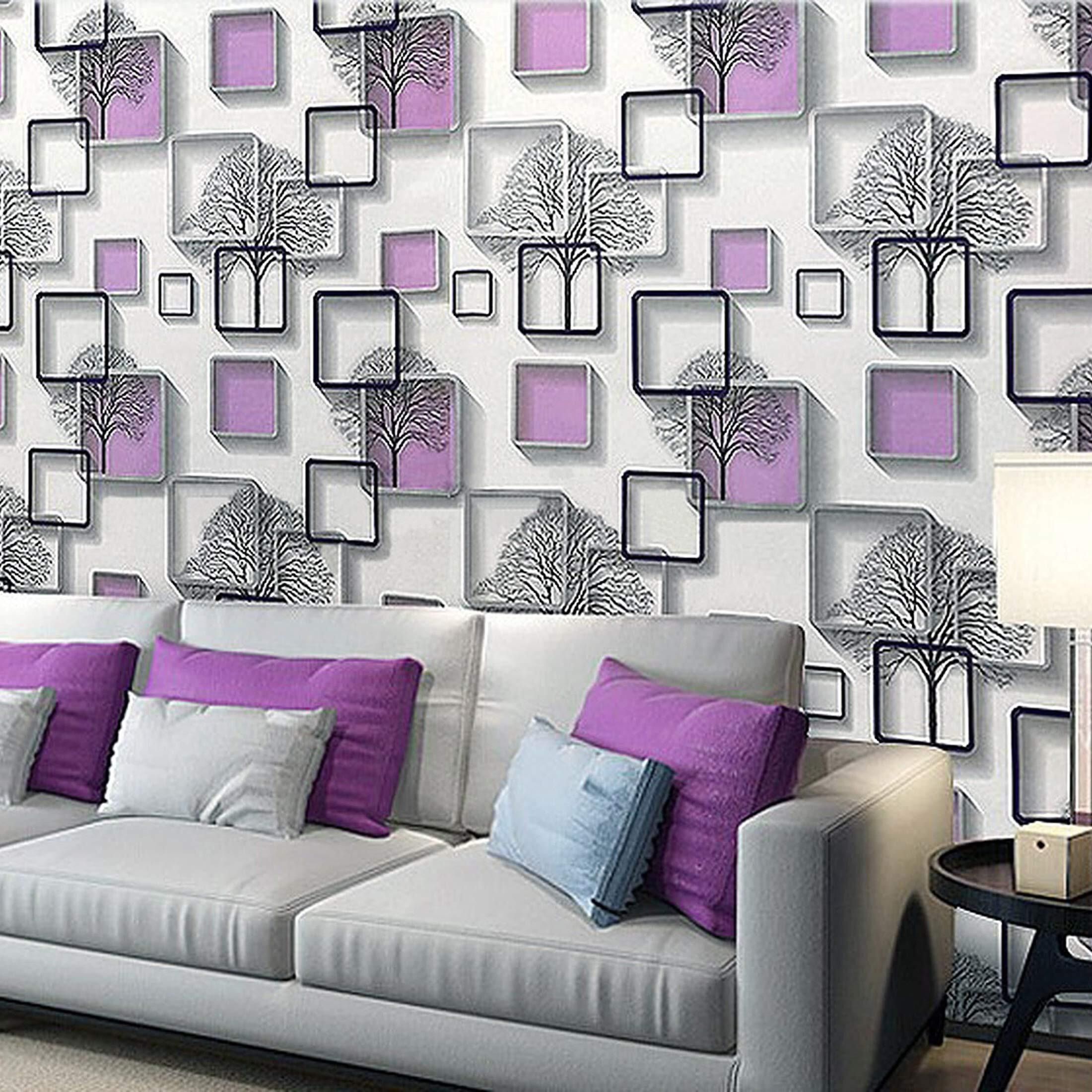 wolpin Wall Stickers DIY Wallpaper (45 cm x 10 m) 3D Frames and Trees Self Adhesive Decals Living Room Home Interior Decoration, Peppy Purple