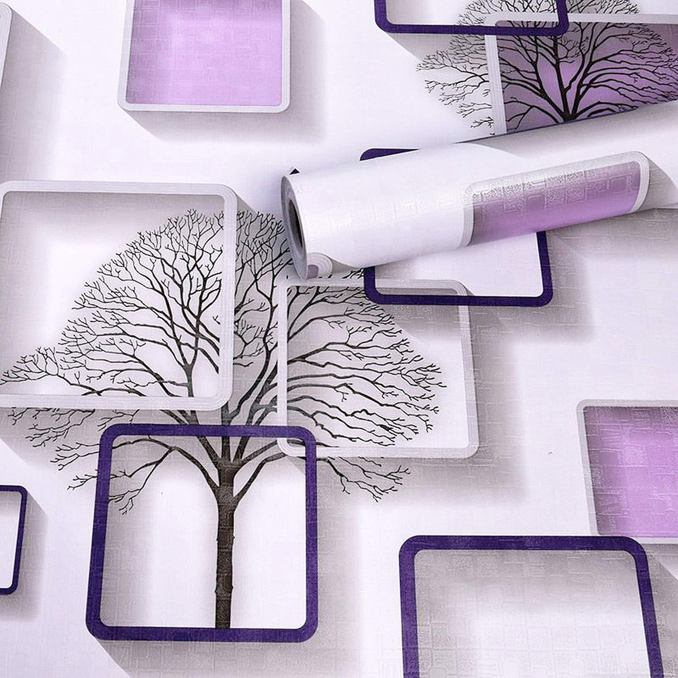 wolpin Wall Stickers DIY Wallpaper (45 cm x 10 m) 3D Frames and Trees Self Adhesive Decals Living Room Home Interior Decoration, Peppy Purple