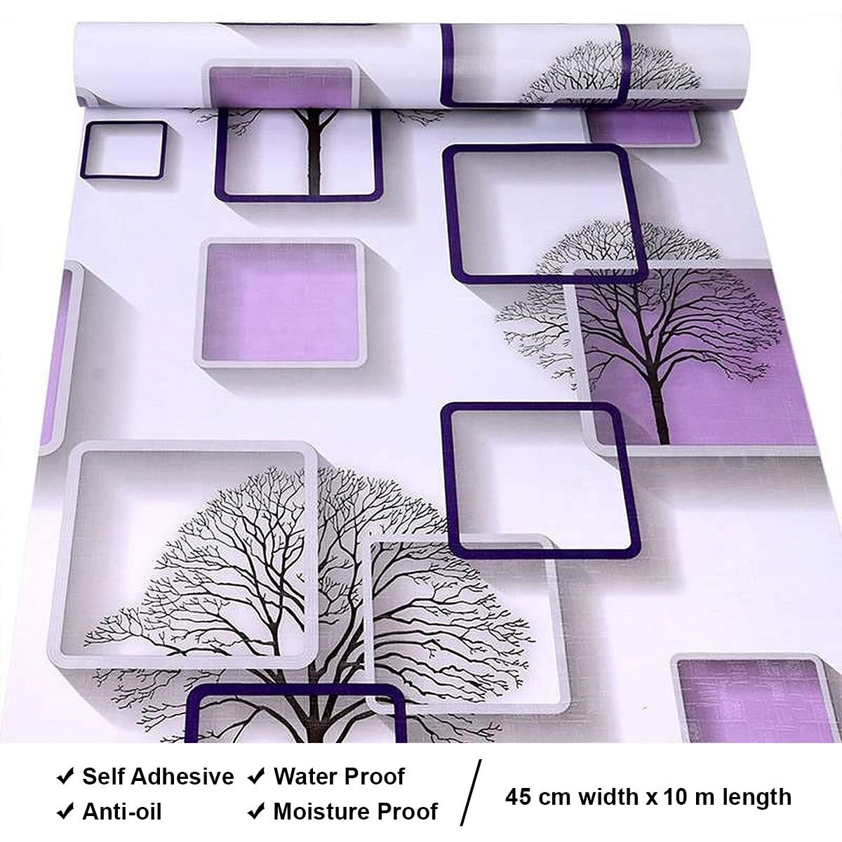 wolpin Wall Stickers DIY Wallpaper (45 cm x 10 m) 3D Frames and Trees Self Adhesive Decals Living Room Home Interior Decoration, Peppy Purple