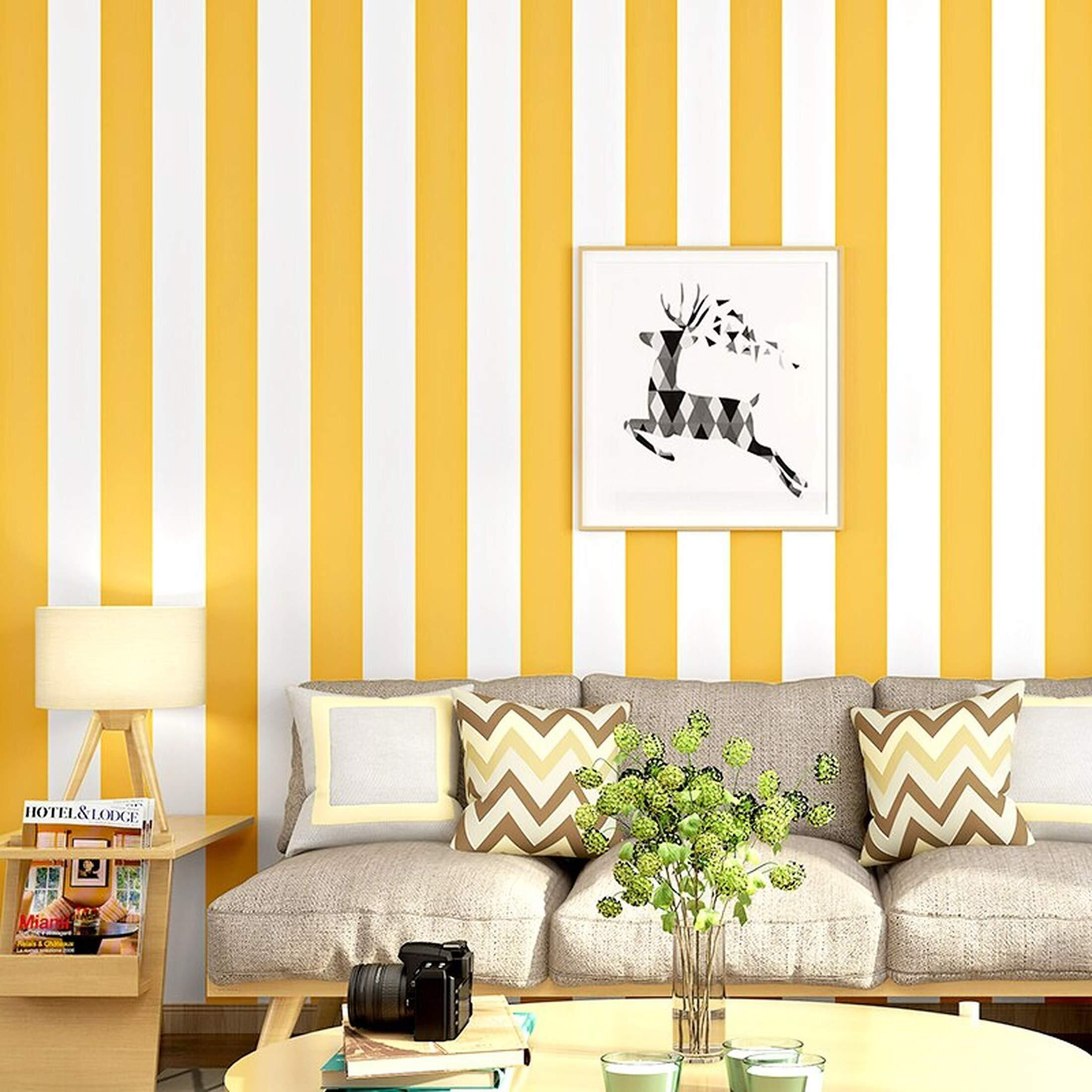 Wolpin Wall Stickers DIY Wallpaper for Hall (45 x 500 cm), Vertical Stripes Home Office Modern Design, Self Adhesive Decals, Yellow