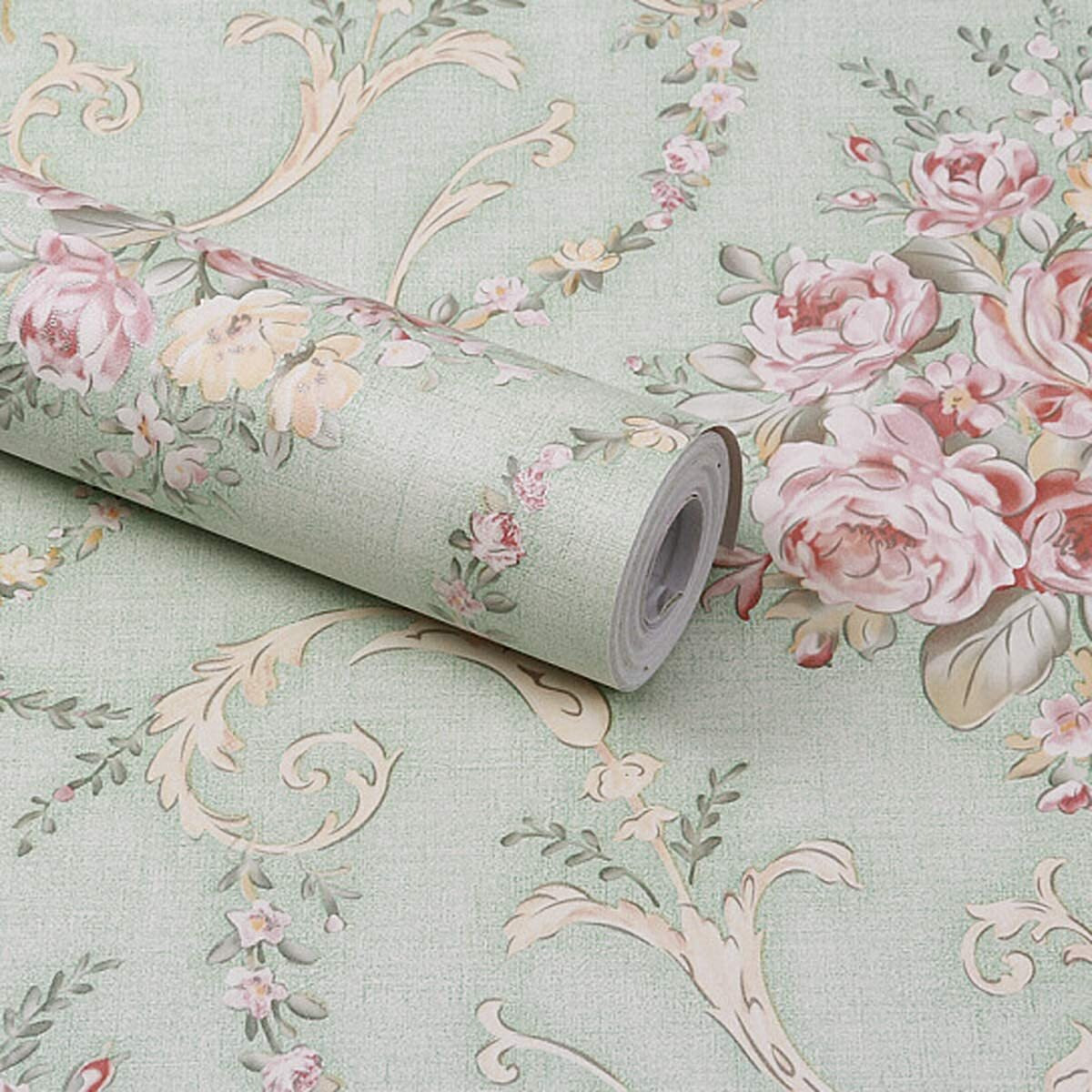 Wolpin Wall Stickers Home DIY Decals Botanical Wallpaper (45 cm x 10 m) Damask Flower Self Adhesive PVC, Sage Green