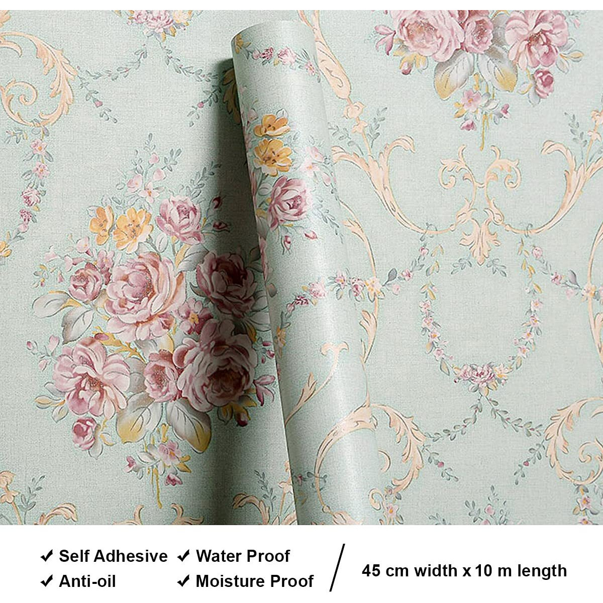 Wolpin Wall Stickers Home DIY Decals Botanical Wallpaper (45 cm x 10 m) Damask Flower Self Adhesive PVC, Sage Green