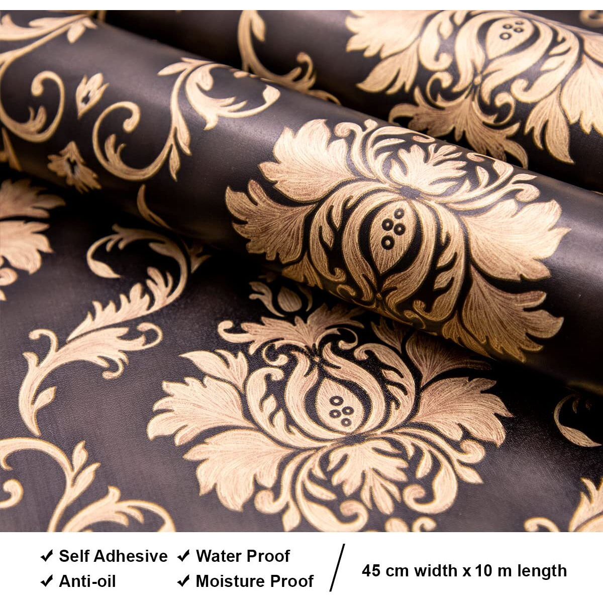 wolpin Wall Stickers DIY Wallpaper (45 cm x 10 m) Black Damask Luxury Self Adhesive Decals Living Room Bedroom Decoration, Black