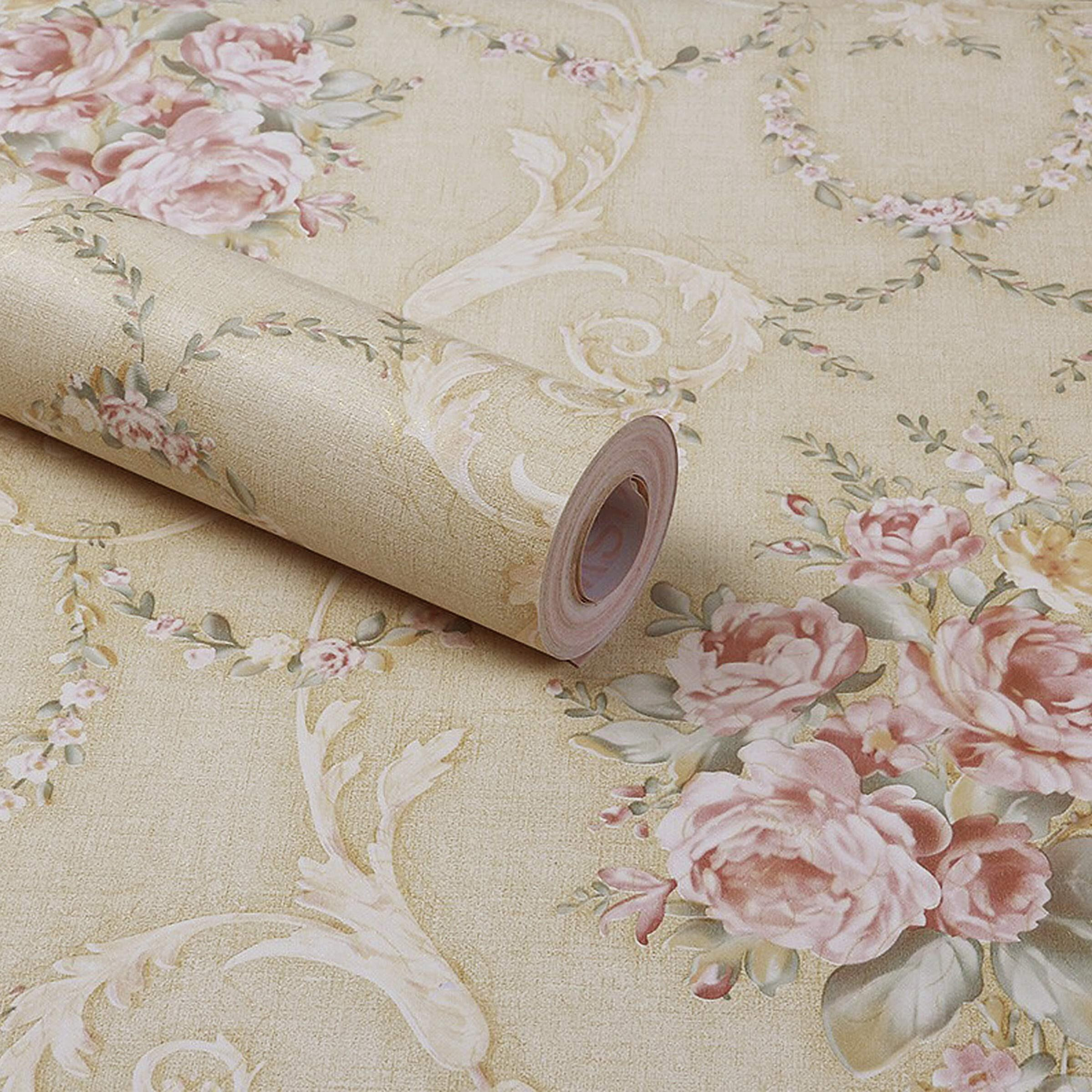 Wolpin Wall Stickers DIY Botanical Wallpaper (45 cm x 10 m) Floral Damask Self Adhesive, Living Room, Bedroom, Sofa Background Decal, Mustard Yellow