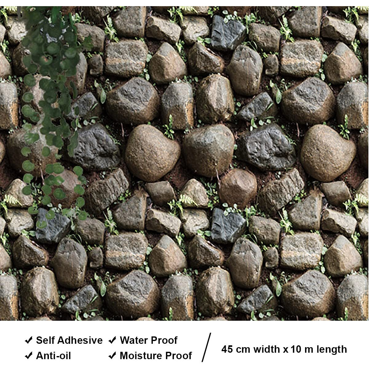 Wolpin Wall Stickers Wallpaper Decals Self Adhesive (45 cm x 10 m) 3D Stone DIY, Stone Color Decorative Wallpaper