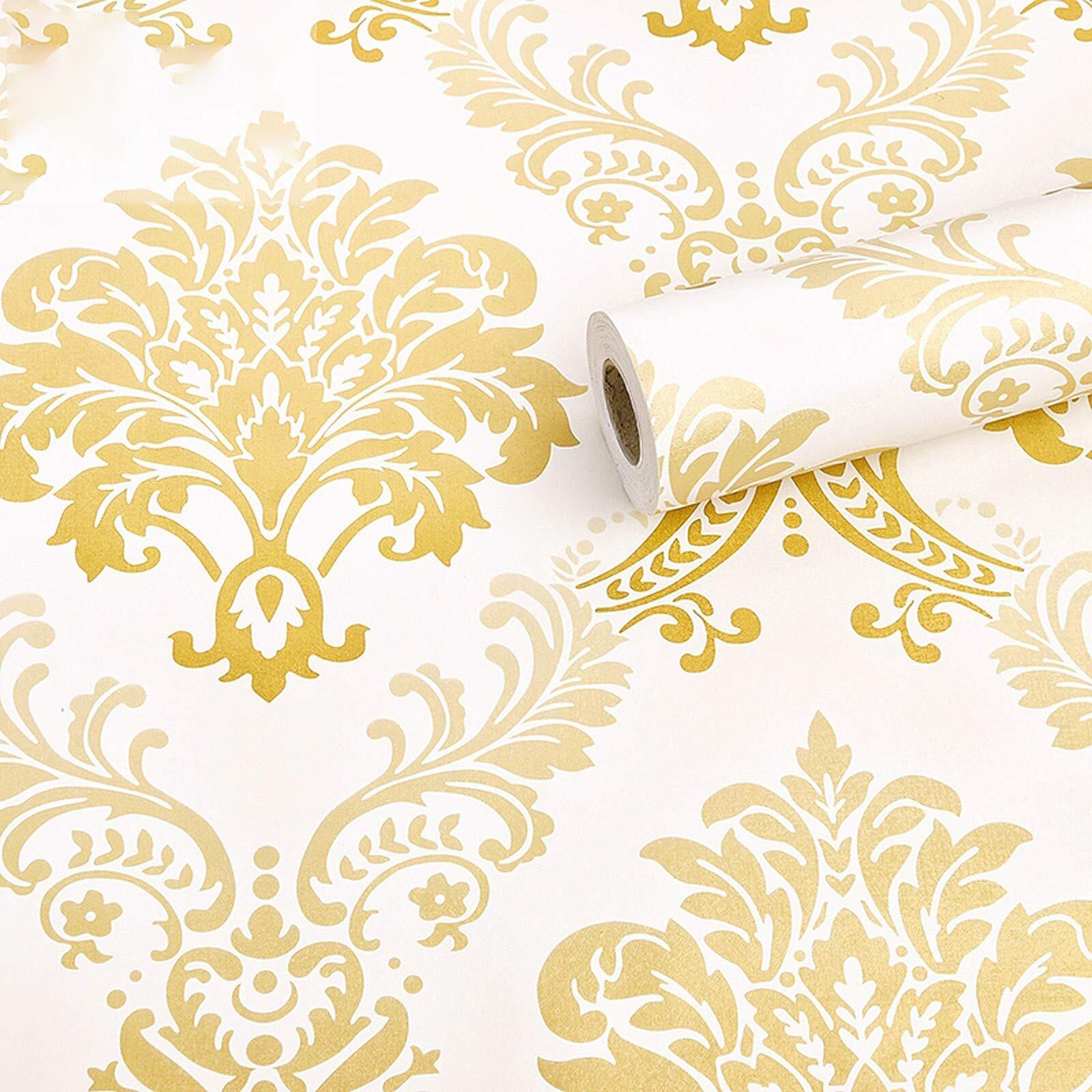 wolpin Wall Stickers DIY Wallpaper (45 cm x 10 m) Floral Damask Self Adhesive, Living Room, Hall, Sofa Background Decal, Gold