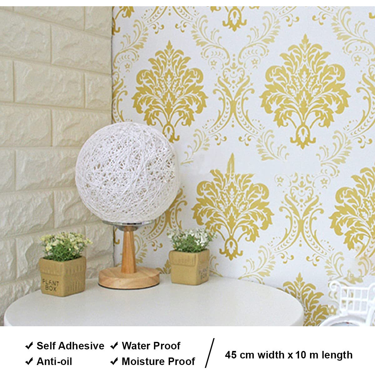 wolpin Wall Stickers DIY Wallpaper (45 cm x 10 m) Floral Damask Self Adhesive, Living Room, Hall, Sofa Background Decal, Gold