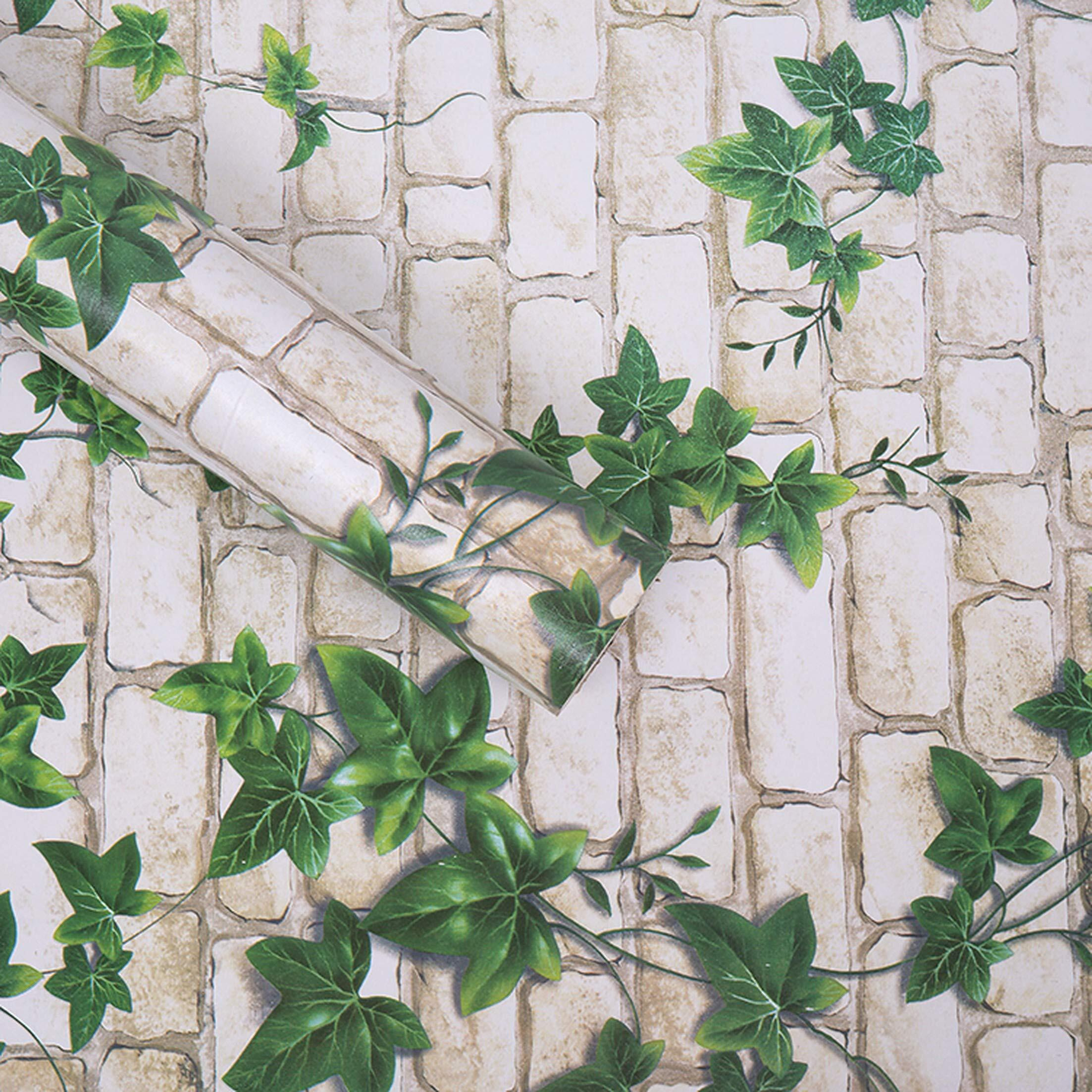wolpin Wall Stickers DIY Decals Wallpaper (45 cm x 10 m) 3D Brick Ivy Vine Self Adhesive PVC Vinyl, Vine White