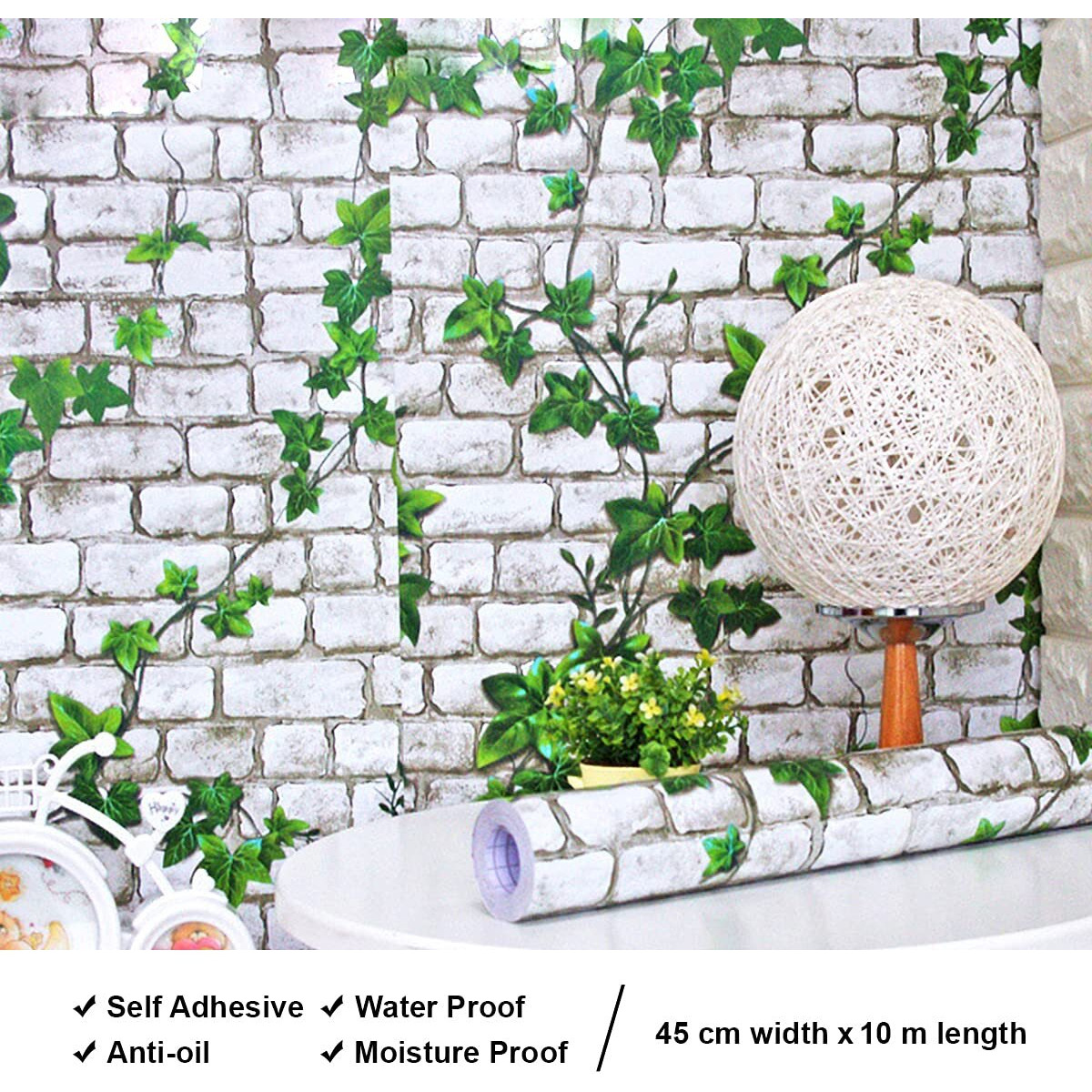 wolpin Wall Stickers DIY Decals Wallpaper (45 cm x 10 m) 3D Brick Ivy Vine Self Adhesive PVC Vinyl, Vine White