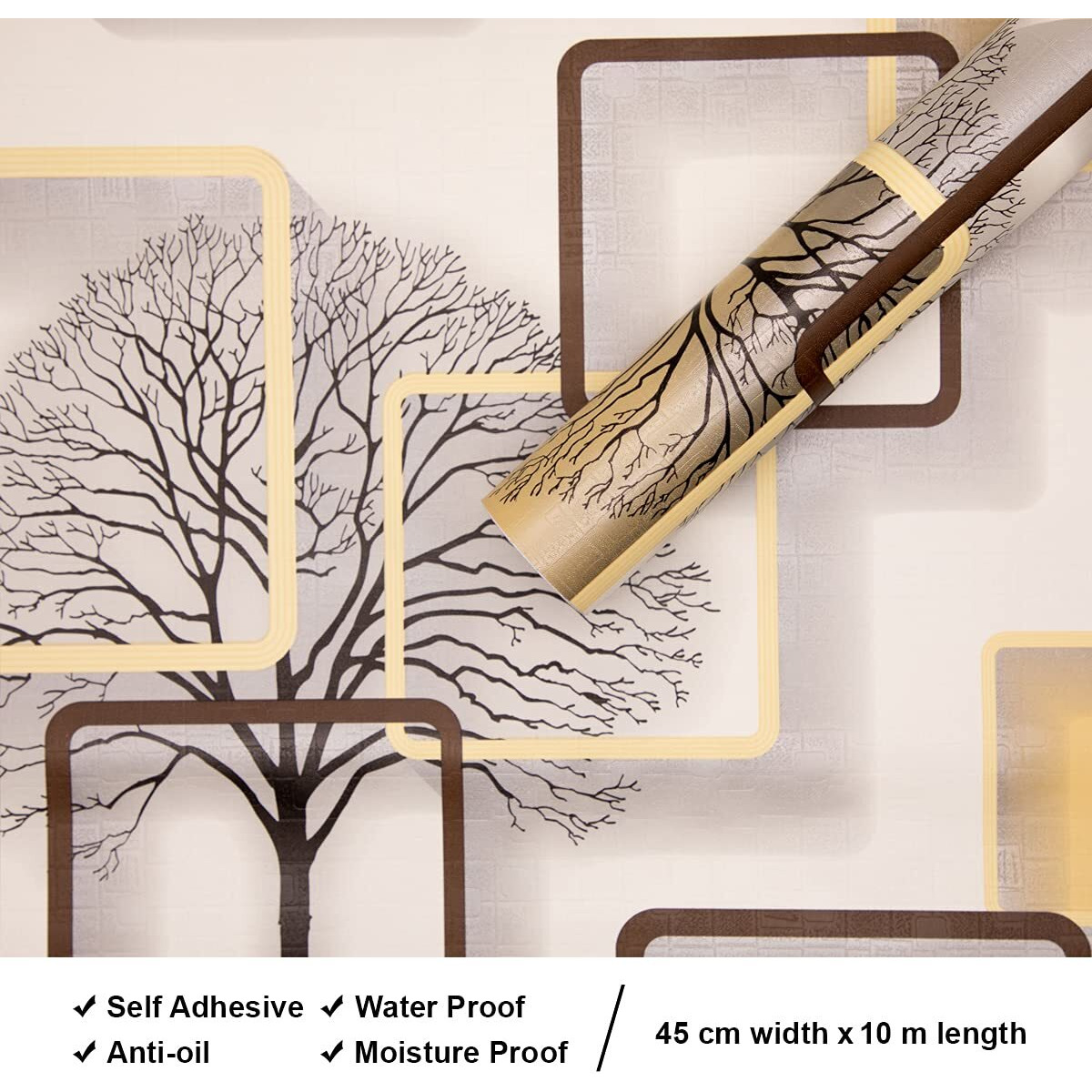 wolpin Wall Stickers DIY Wallpaper (45 cm x 10 m) 3D Frames and Trees Self Adhesive Decals Living Room Home Interior Decoration, Blazing Yellow