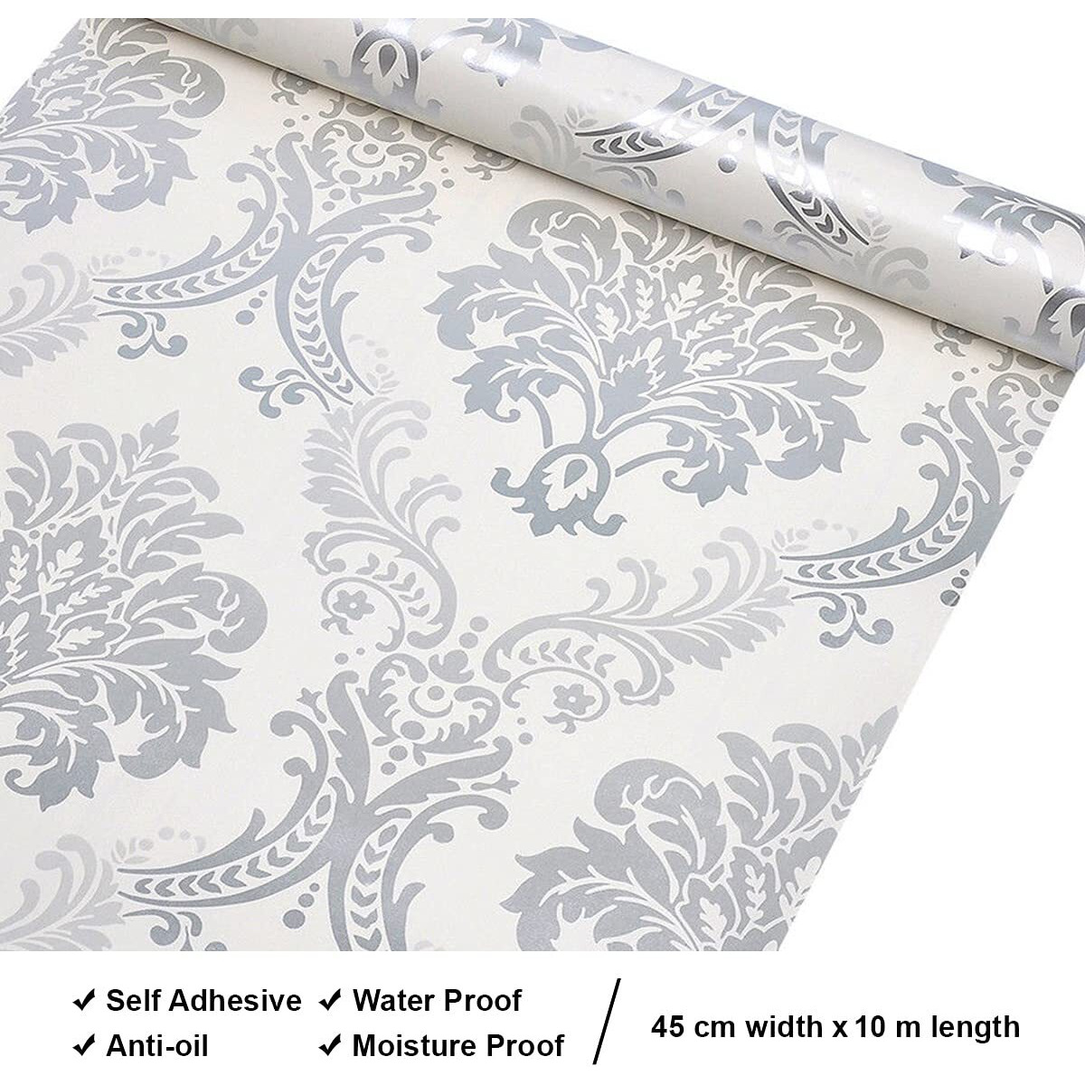 wolpin Wall Stickers DIY Wallpaper (45 cm x 10 m) Floral Damask Self Adhesive, Living Room, Hall, Sofa Background Decal, Grey
