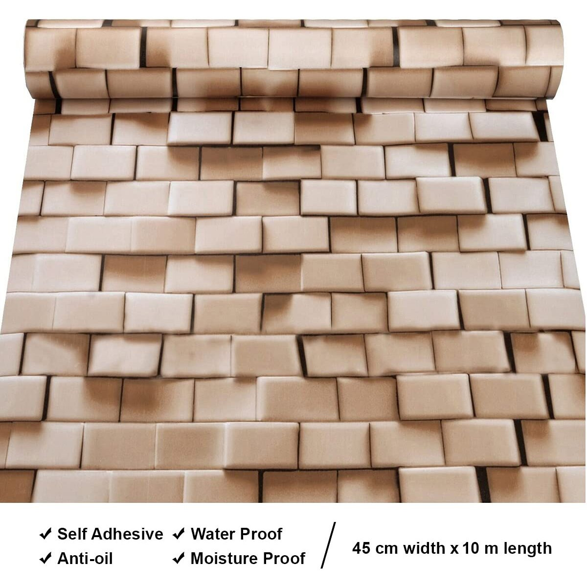 Wolpin 3D DIY Wallpaper Decal (45 cm x 10m), 3D Brick Self Adhesive House Office Decorative PVC Vinyl, Living Room, Kitchen Shelf Liner Contact Paper Interior, Caramel Brown Decorative Wallpaper