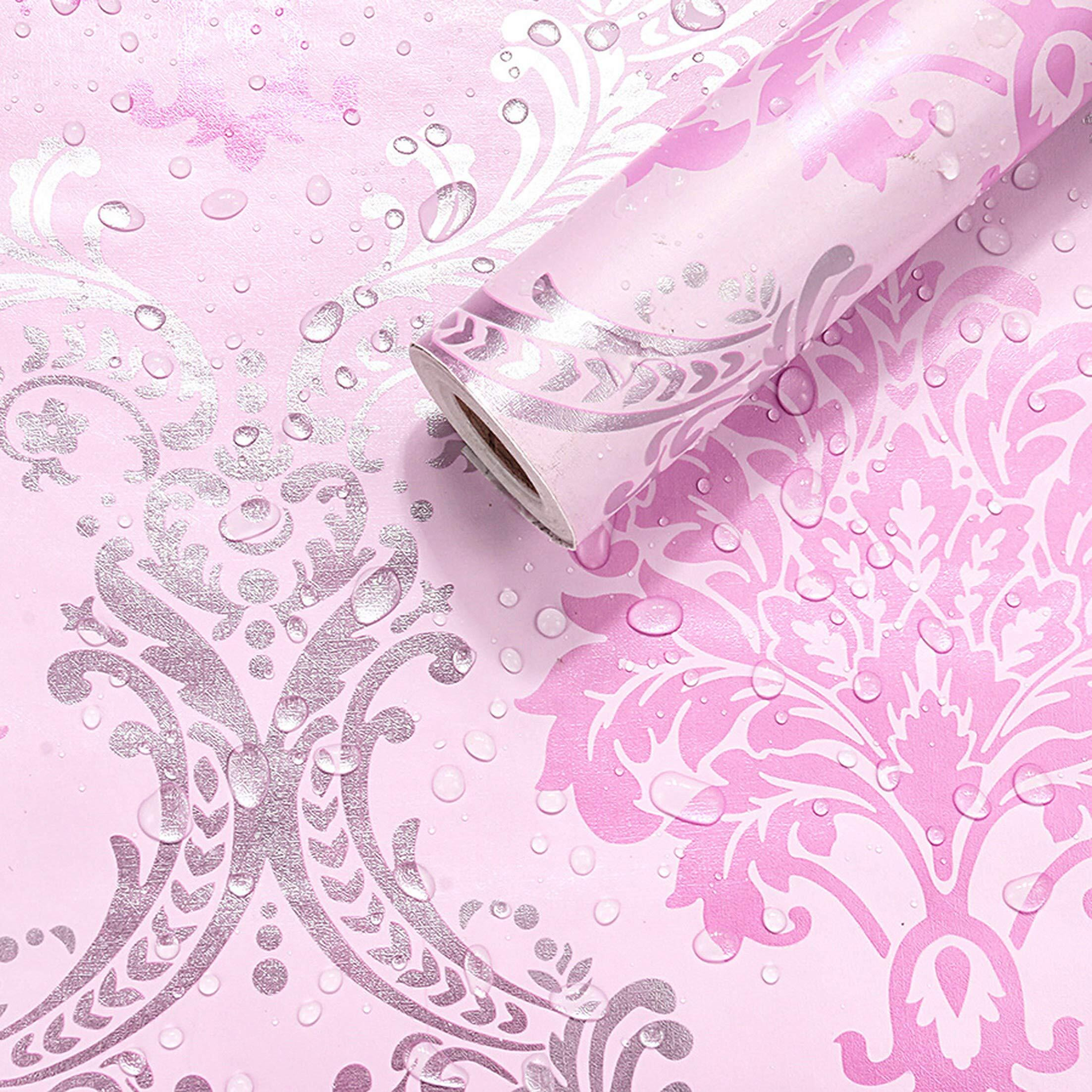 Wolpin Wall Sticker Wallpaper Pink Damask Large Self Adhesive (45 cm x 10m) Decal Living Room Hall Home Interior Decoration, Pink, Botanical