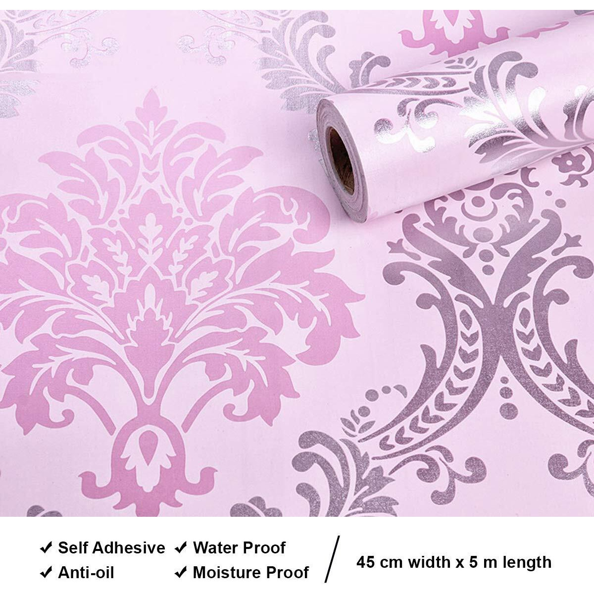 Wolpin Wall Sticker Wallpaper Pink Damask Large Self Adhesive (45 cm x 10m) Decal Living Room Hall Home Interior Decoration, Pink, Botanical