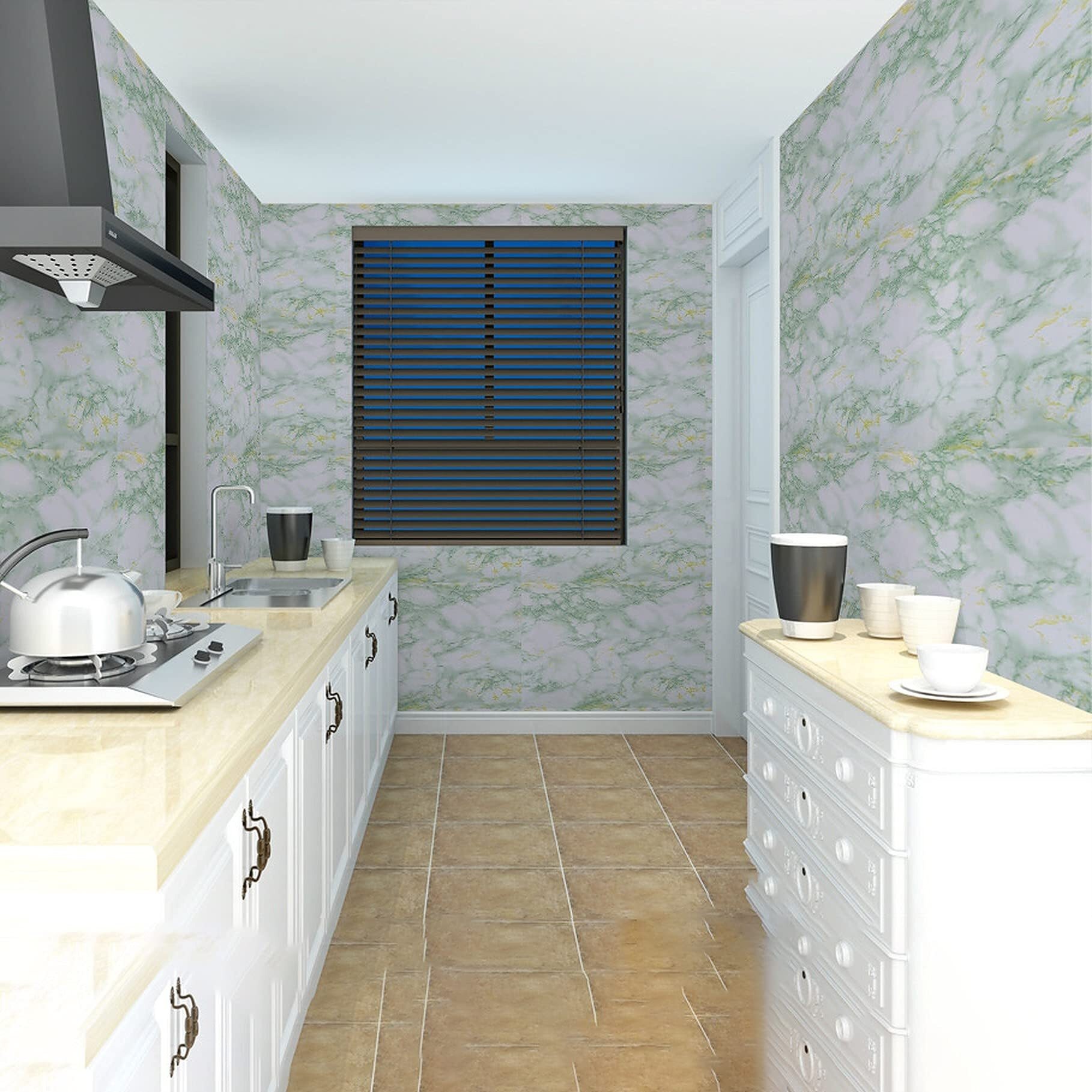 Wolpin Wall Sticker Wallpaper Kitchen, Cabinets, Almirah, Tabletop, (45 x 600 cm) Plastic Table, Wooden Table, Wardrobe, Renovation PVC DIY Self Adhesive, White and Green Decorative Wallpaper