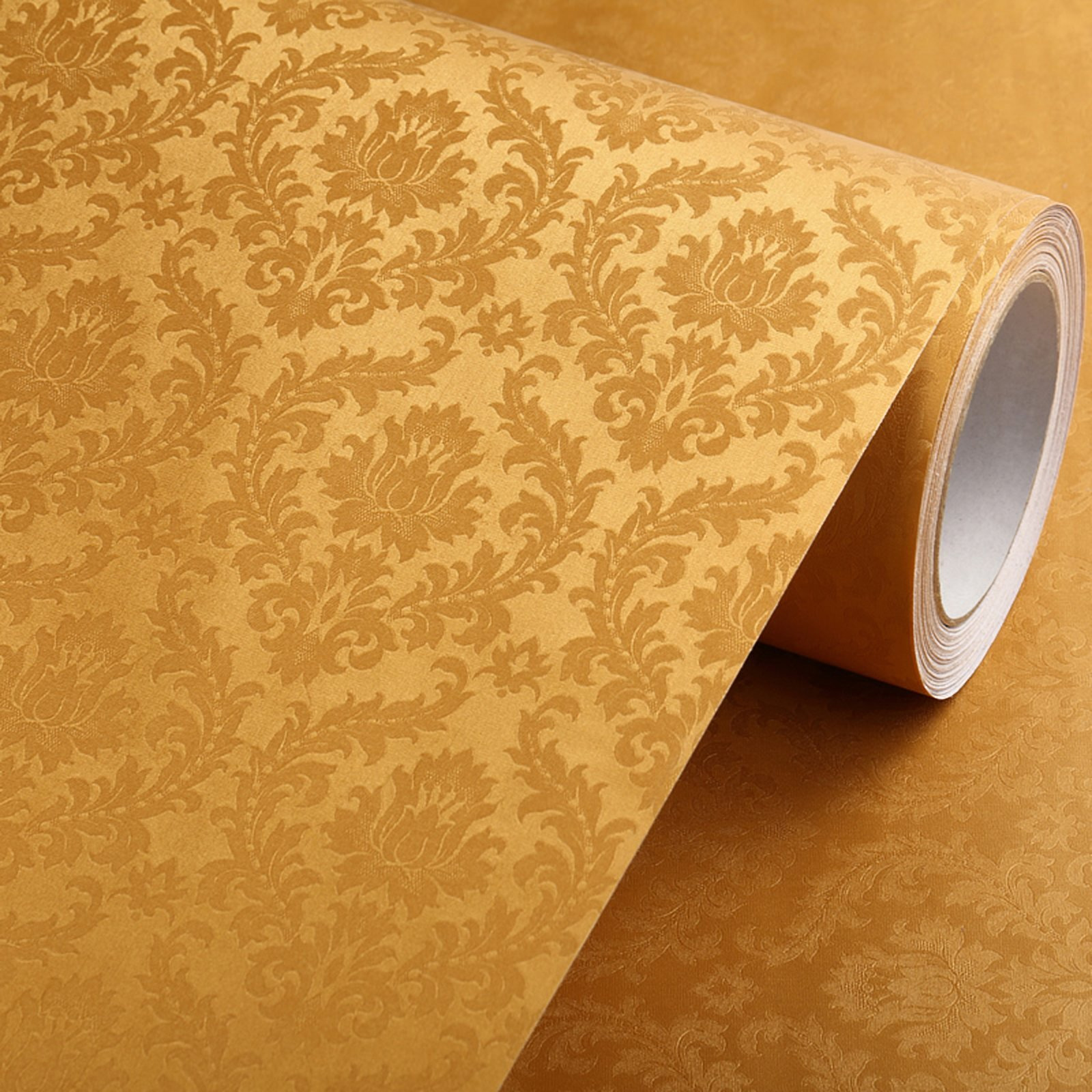 wolpin Wall Sticker Wallpaper Living Room (45 x 600 cm) Bedroom, Textured Embossed Decal Floral Home Decoration, DIY Self Adhesive, Gold Damask