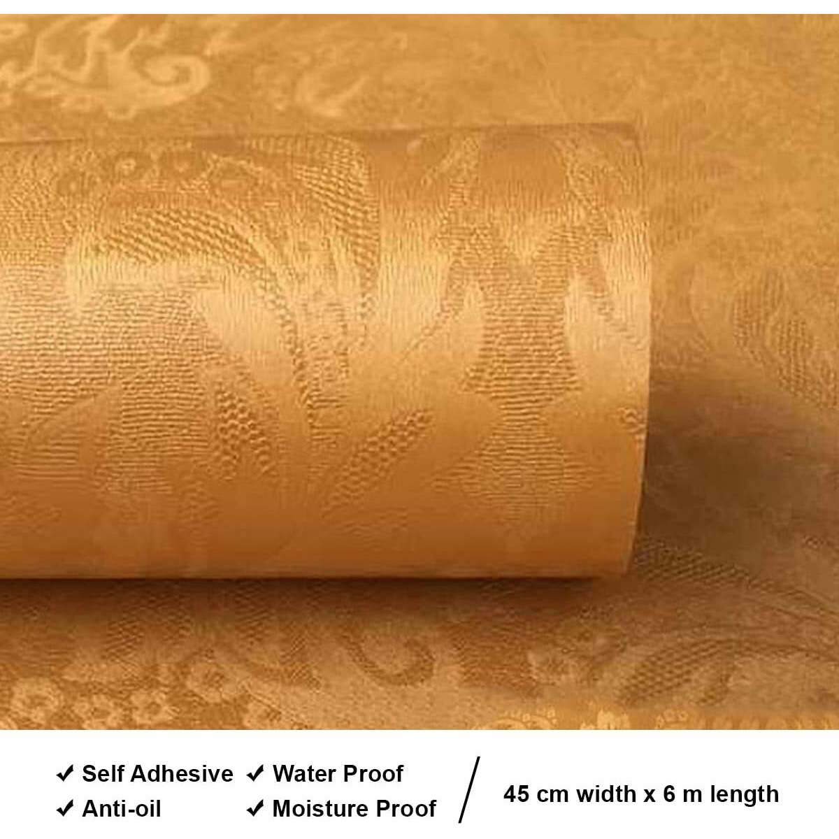 wolpin Wall Sticker Wallpaper Living Room (45 x 600 cm) Bedroom, Textured Embossed Decal Floral Home Decoration, DIY Self Adhesive, Gold Damask