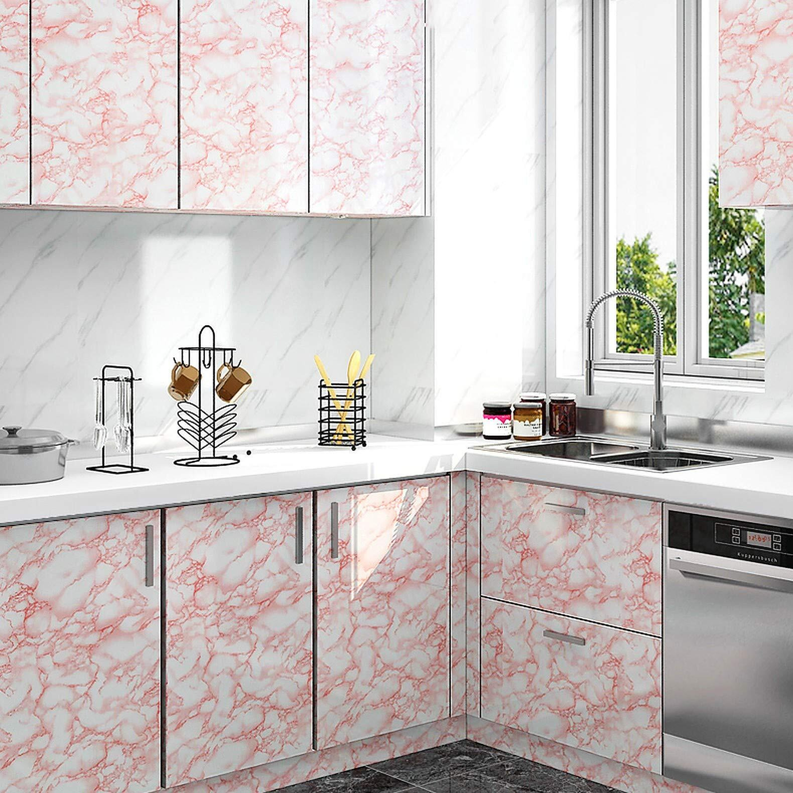 Wolpin Wall Sticker Marble Wallpaper Furniture Kitchen Cabinets (45 x 600 cm) Almirah, Plastic & Wooden Tabletop, Wardrobe, Makeover PVC DIY Self Adhesive, Jade, Pink & White Decorative Wallpaper