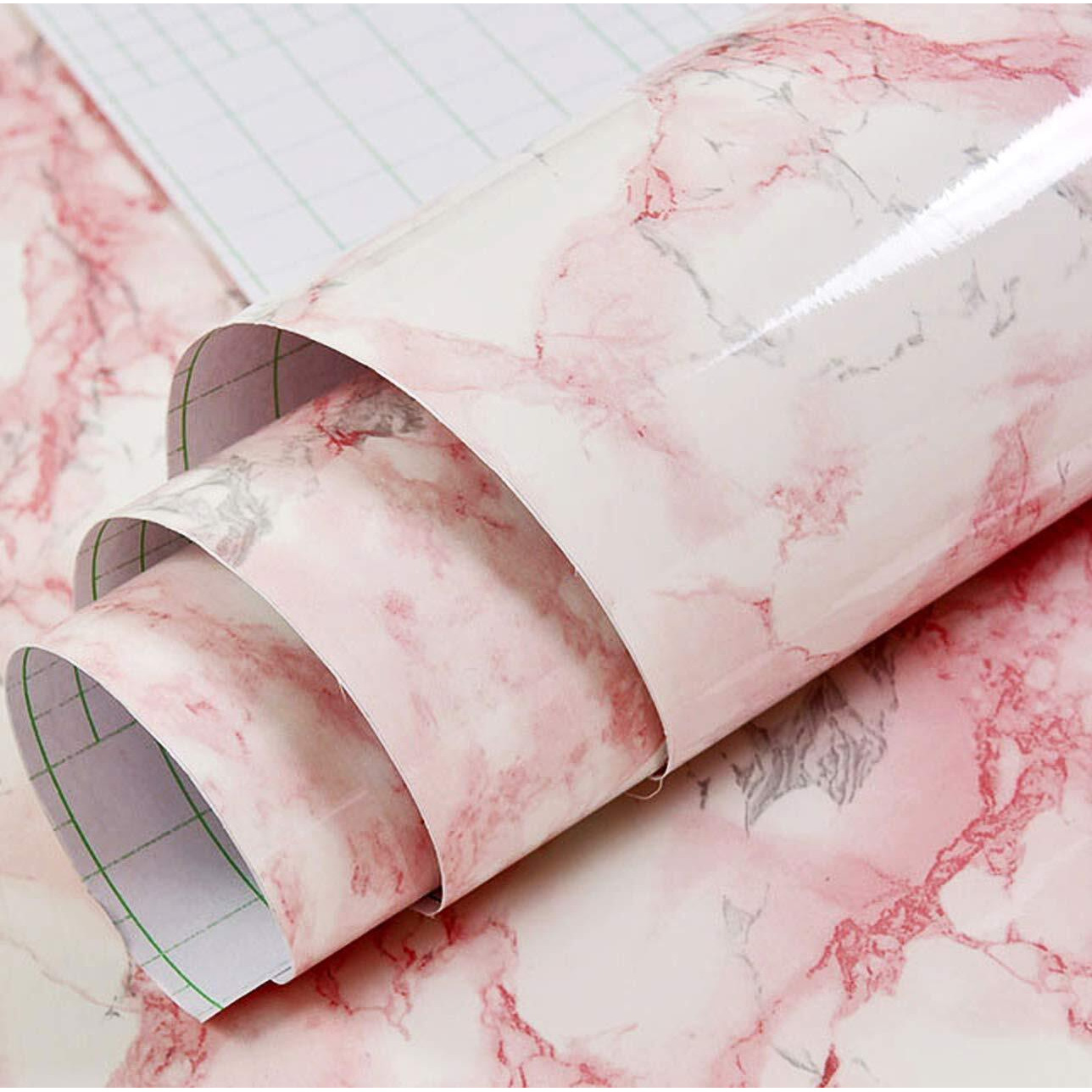 Wolpin Wall Sticker Marble Wallpaper Furniture Kitchen Cabinets (45 x 600 cm) Almirah, Plastic & Wooden Tabletop, Wardrobe, Makeover PVC DIY Self Adhesive, Jade, Pink & White Decorative Wallpaper