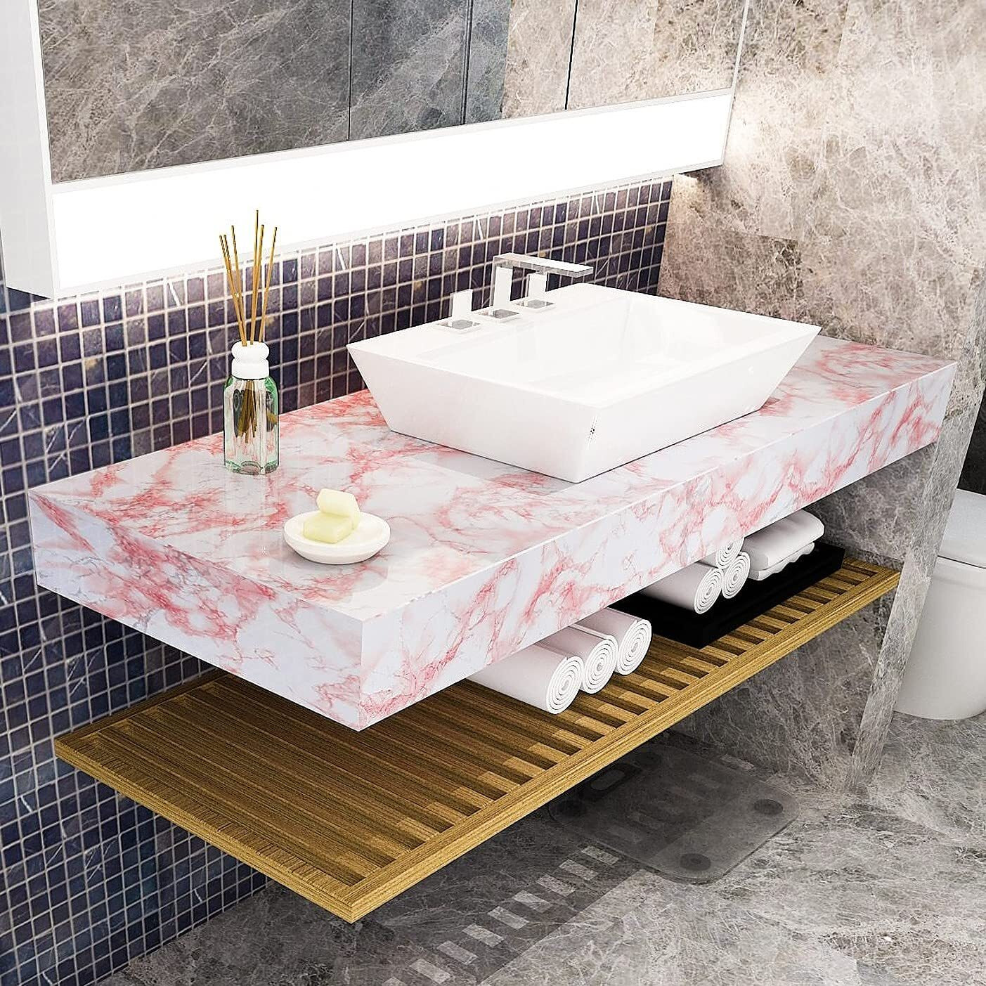 Wolpin Wall Sticker Marble Wallpaper Furniture Kitchen Cabinets (45 x 600 cm) Almirah, Plastic & Wooden Tabletop, Wardrobe, Makeover PVC DIY Self Adhesive, Jade, Pink & White Decorative Wallpaper