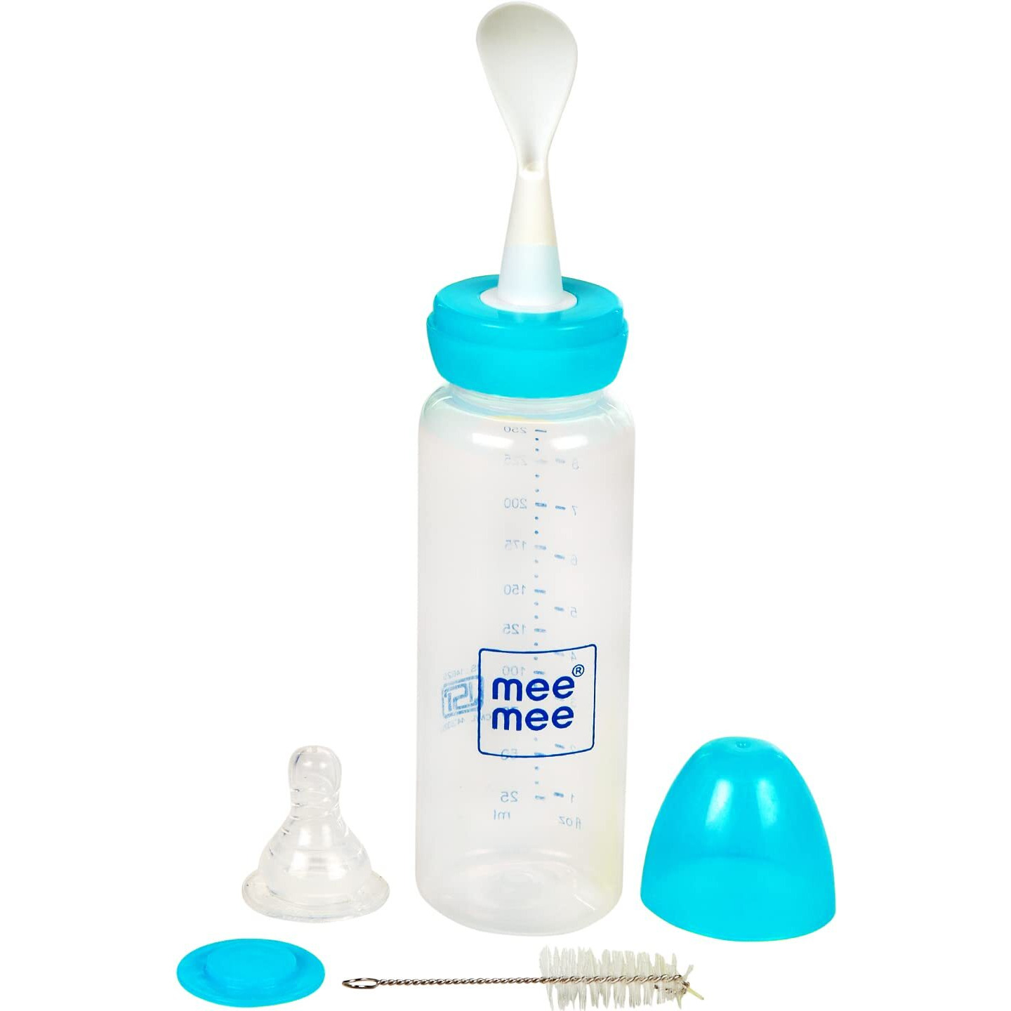 Mee Mee Baby Feeding Bottle with Spoon 0 Months to 3 Years Baby/Kids 250ml Capacity | BPA Free | Easy To Squeeze Bottle | Storage Friendly | Multifunctional Anti-Colic Feeding Bottle with Spoon (Blue)