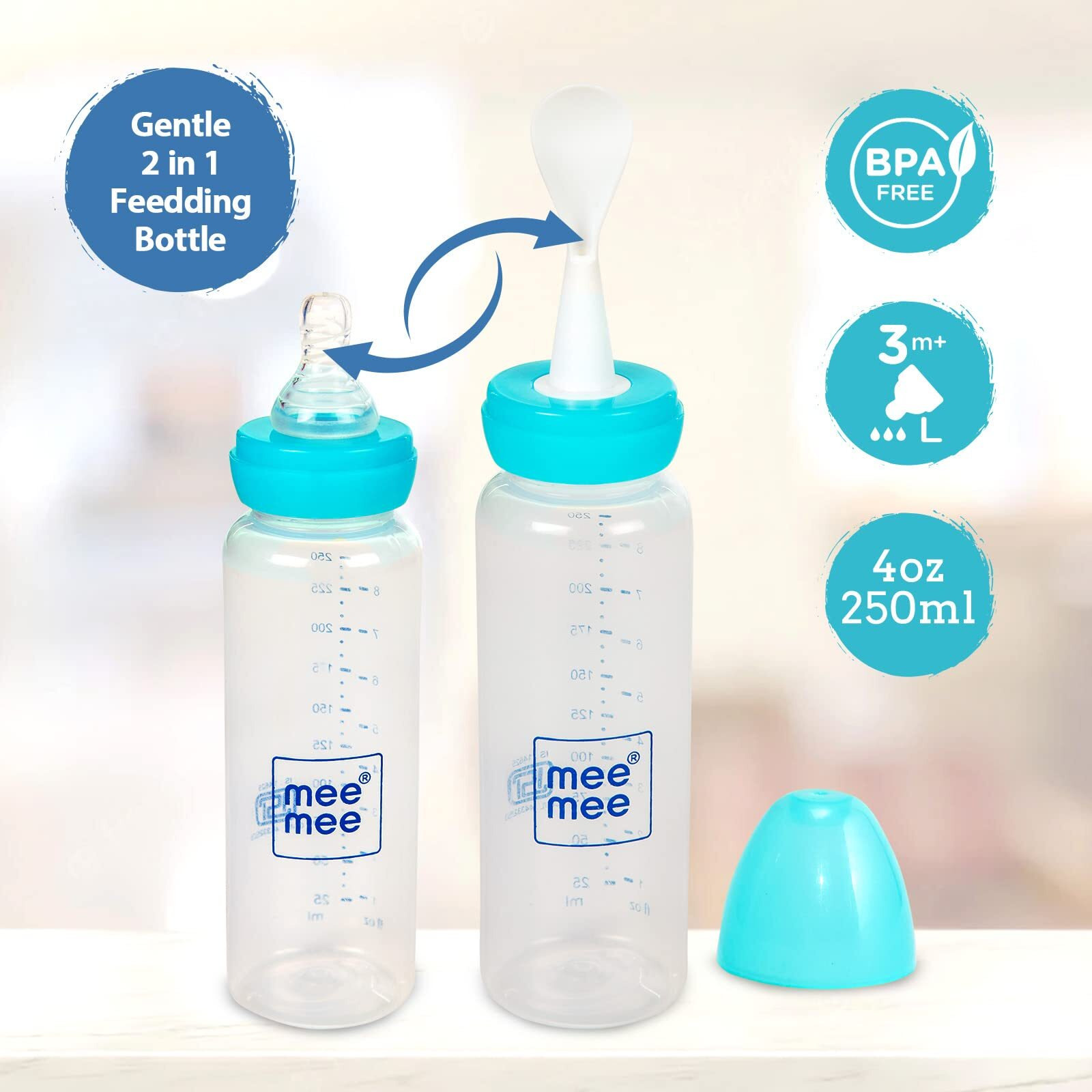 Mee Mee Baby Feeding Bottle with Spoon 0 Months to 3 Years Baby/Kids 250ml Capacity | BPA Free | Easy To Squeeze Bottle | Storage Friendly | Multifunctional Anti-Colic Feeding Bottle with Spoon (Blue)