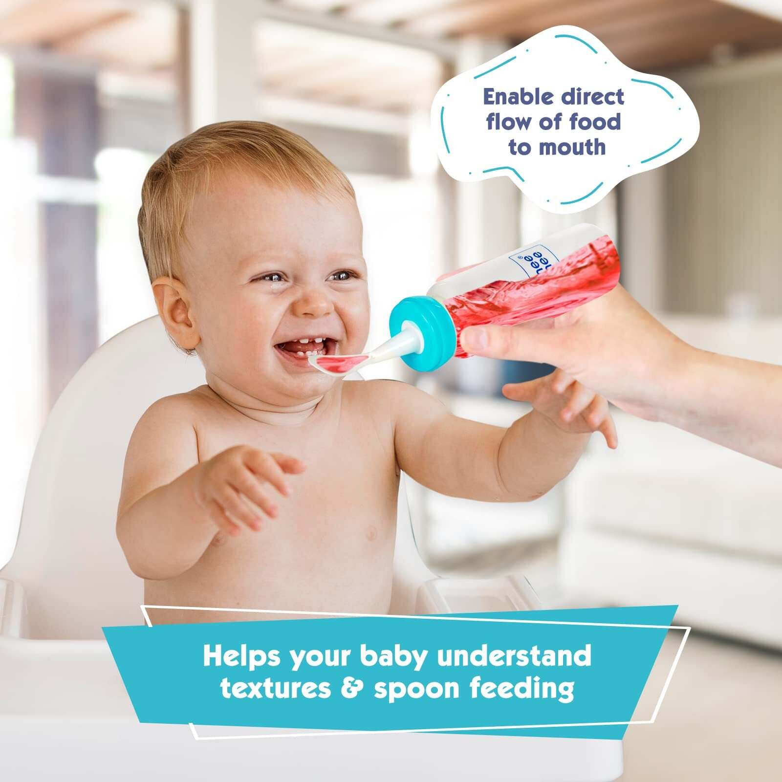 Mee Mee Baby Feeding Bottle with Spoon 0 Months to 3 Years Baby/Kids 250ml Capacity | BPA Free | Easy To Squeeze Bottle | Storage Friendly | Multifunctional Anti-Colic Feeding Bottle with Spoon (Blue)