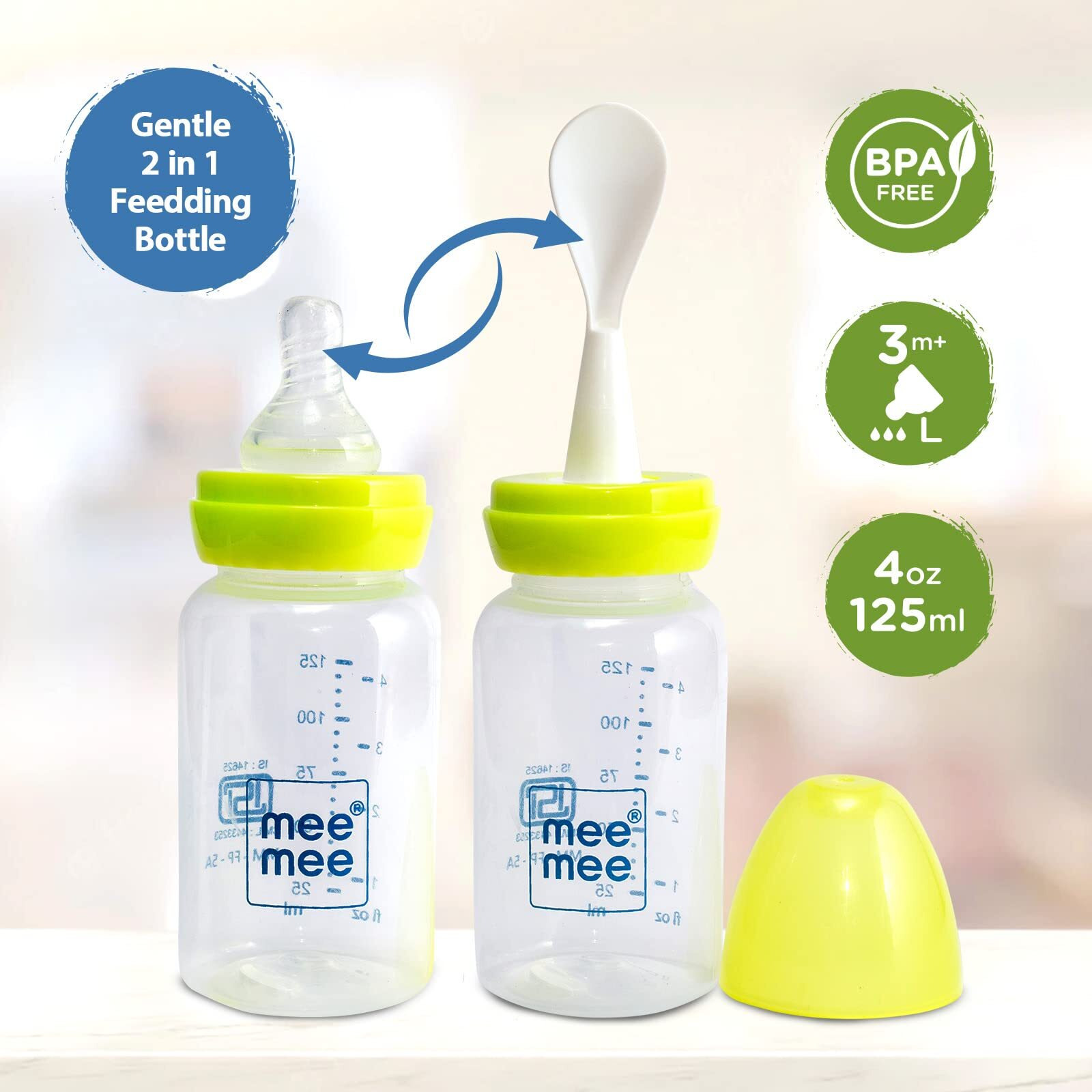 Mee Mee Baby Feeding Bottle with Spoon| BPA Free| Easy to Squeeze Bottle| Storage Friendly| Multifunctional Anti-Colic Feeding Bottle with Spoon|0 Months to 3 Years Baby/Kids 250ml Capacity(Green)