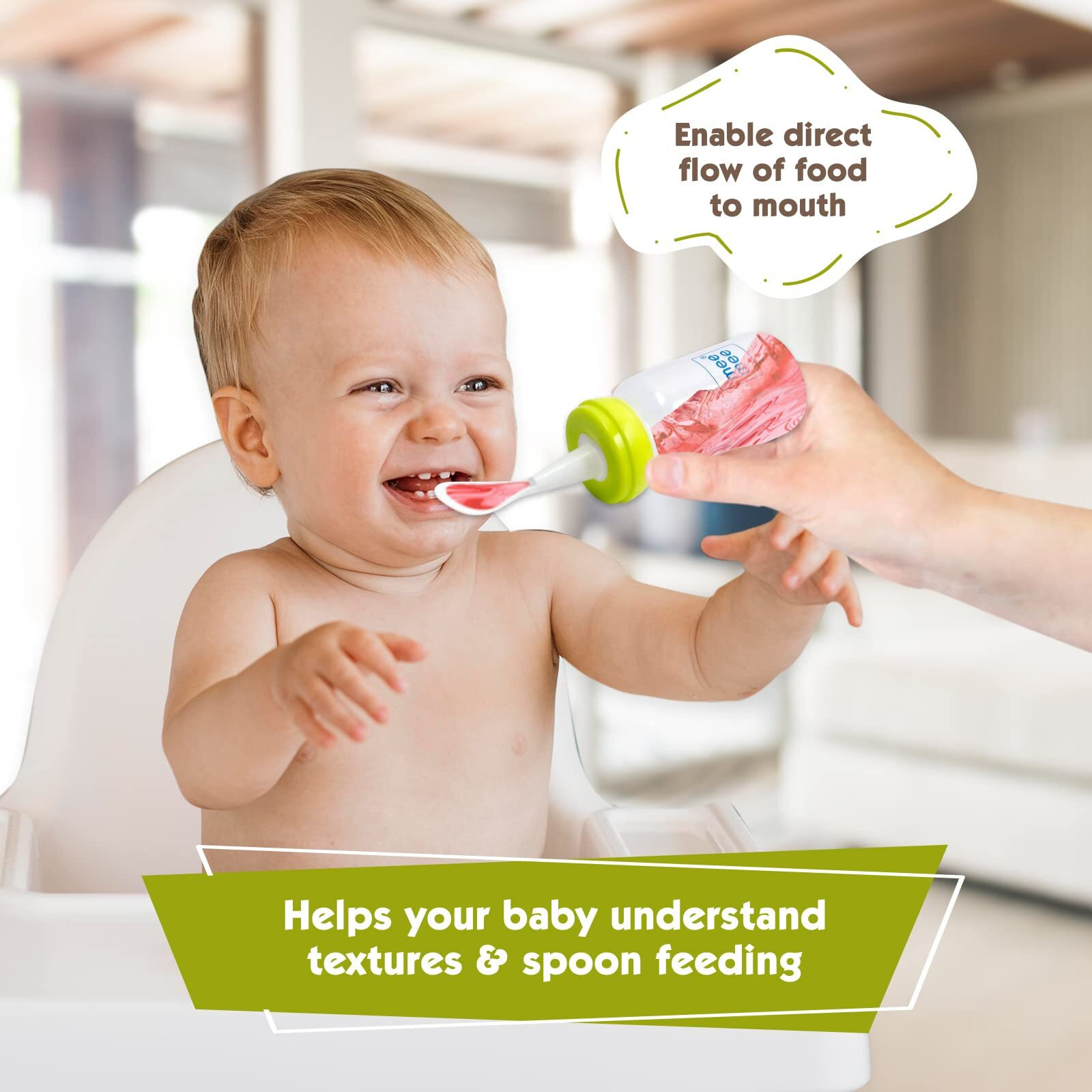 Mee Mee Baby Feeding Bottle with Spoon| BPA Free| Easy to Squeeze Bottle| Storage Friendly| Multifunctional Anti-Colic Feeding Bottle with Spoon|0 Months to 3 Years Baby/Kids 250ml Capacity(Green)