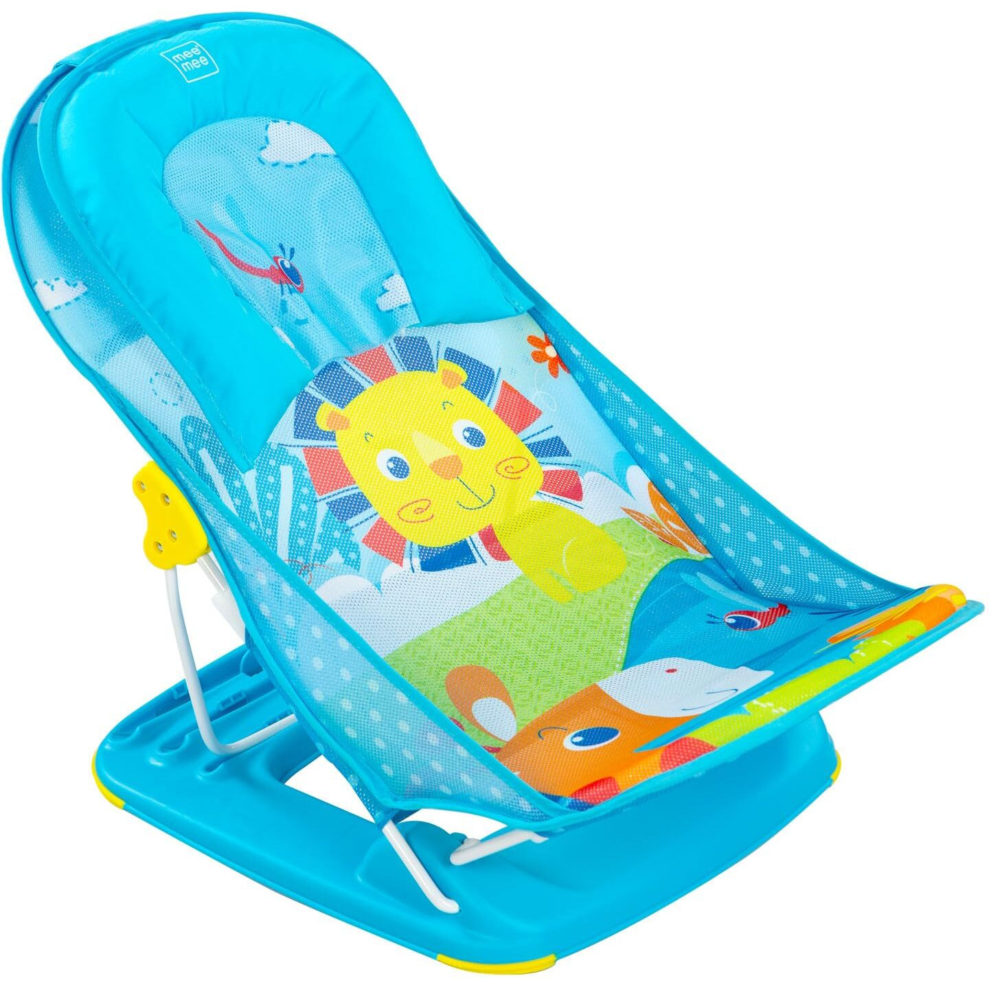 Mee Mee Newborn Baby Bather | Bath Chair for Newborns and Infants 0-12 Months | Foldable | 3 Position Adjustable chair | Anti Skid Base | Washable Soft Mesh Seat | for Babies Upto 5Kg (Blue)