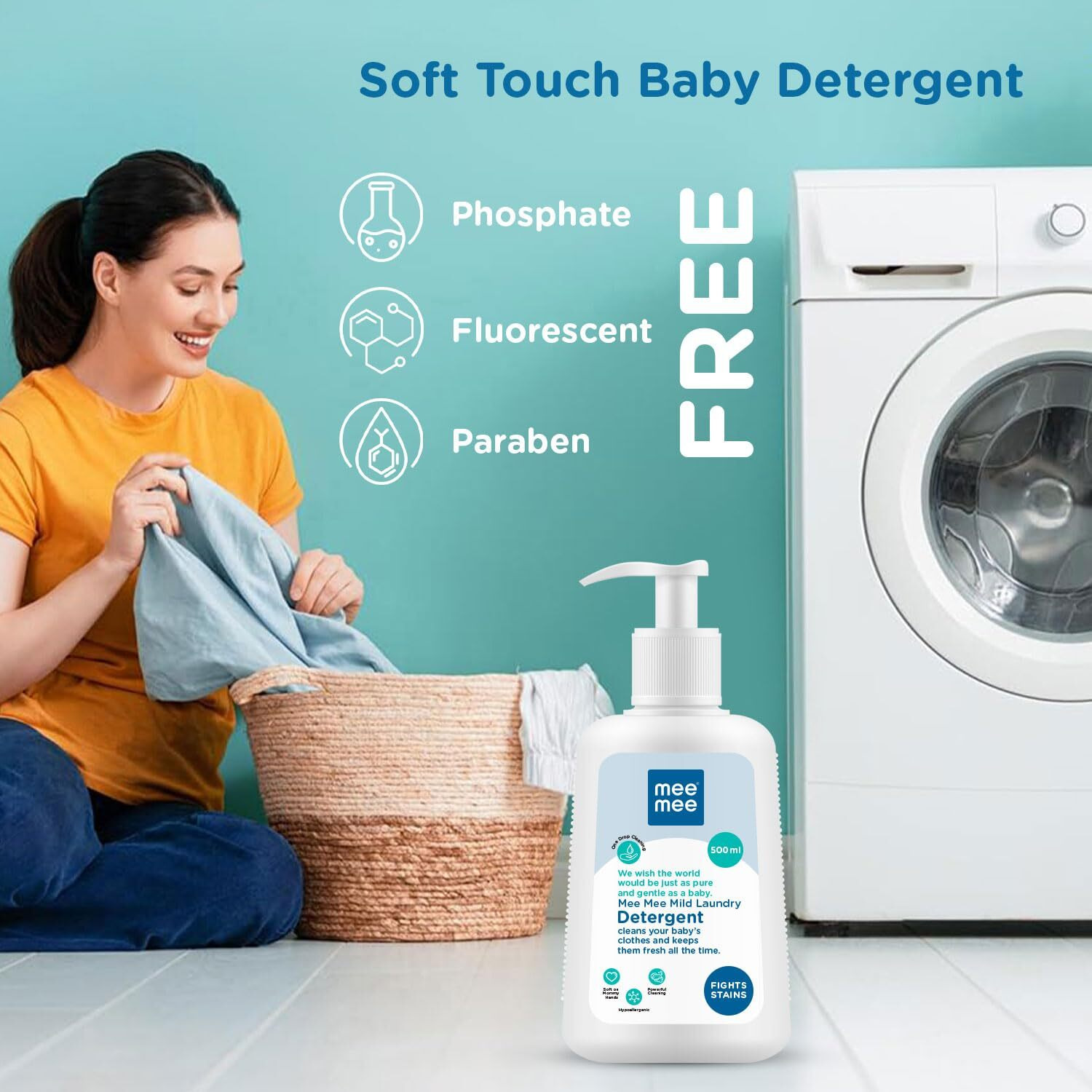 Mee Mee Baby Liquid Detergent 500 ml | Ph balanced, Free from Harsh Chemicals, Safe for mother s hands & baby s skin | Anti-Bacterial, Removes Stains & Odor with One Drop, Hypoallergenic
