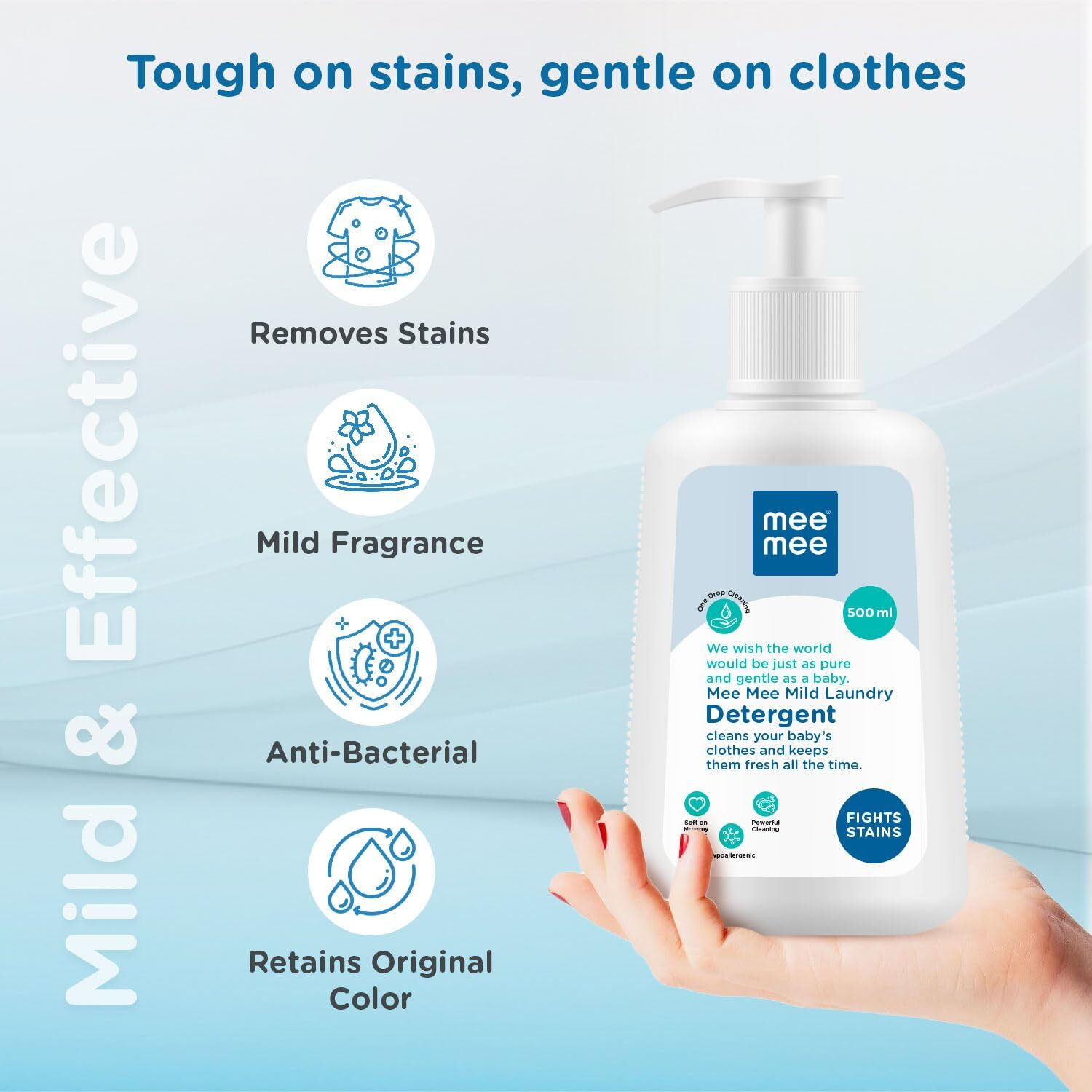 Mee Mee Baby Liquid Detergent 500 ml | Ph balanced, Free from Harsh Chemicals, Safe for mother s hands & baby s skin | Anti-Bacterial, Removes Stains & Odor with One Drop, Hypoallergenic