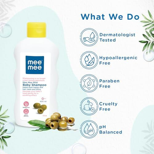Mee Mee Gentle Baby Shampoo 400ml | For Daily Moisturizing Enriched with Olive Extracts | Tear-Free Formula Nourishes, Soothes, & Protects Sensitive Skin | Hypoallergenic, Sulfate and Paraben-Free | Skin Friendly PH