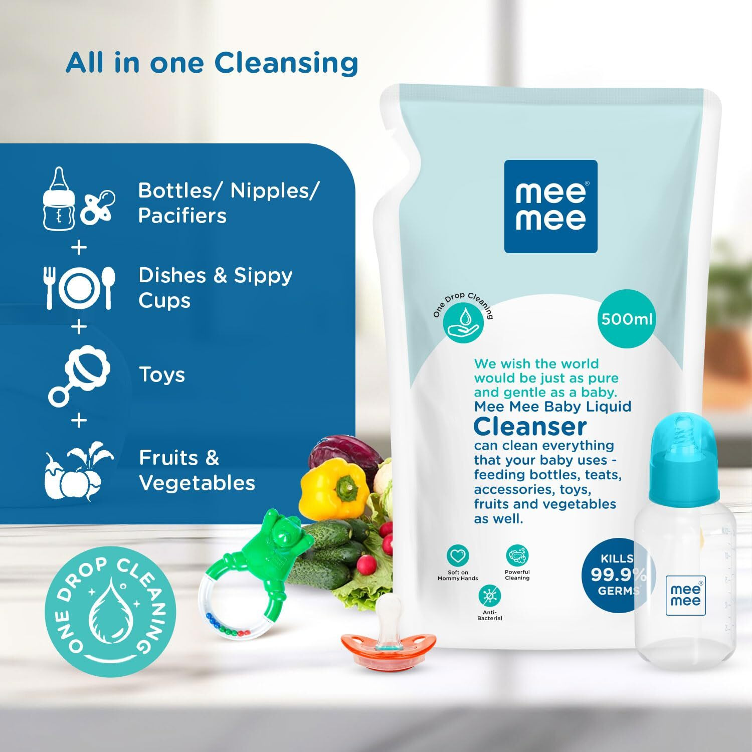 Mee Mee Baby Liquid Cleanser 500ml, Anti-Bacterial Kills 99.9% Germs | For Baby Bottles, Nipples, Accessories, Toys, Fruits & Vegetables | No Alcohol, One Drop Cleaning, Dermatologically Tested