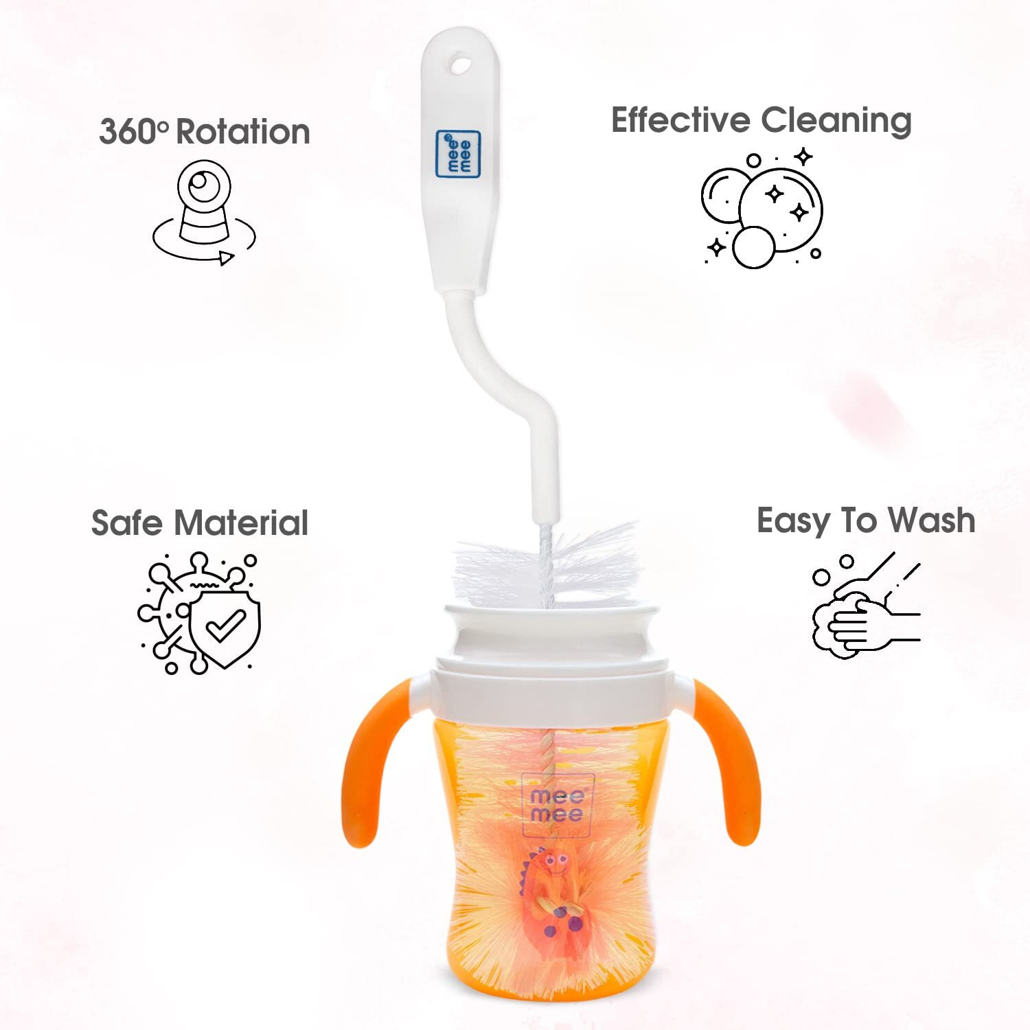 Mee Mee 360 Movable Nylon Bristle Baby Feeding Bottle & Nipple Cleaning Brush | Ergonomic Handle | Easy to Clean Bottle Corners for Narrow Neck & Wide Neck | BPA Free, Easy Hanging Storage | Pink