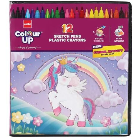 Cello Colourup Unicorn Colouring Kit 12 Sketch Pens, 12 Plastic Crayons, Unicorn Stencil, Hobby Stationery for Kids and Art Lovers