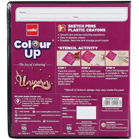 Cello Colourup Unicorn Colouring Kit 12 Sketch Pens, 12 Plastic Crayons, Unicorn Stencil, Hobby Stationery for Kids and Art Lovers