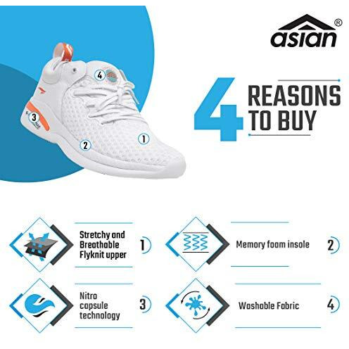 ASIAN Creta-12 Running Shoes With Breathable Knitted Upper Gym,Training For Men & Boy s, White
