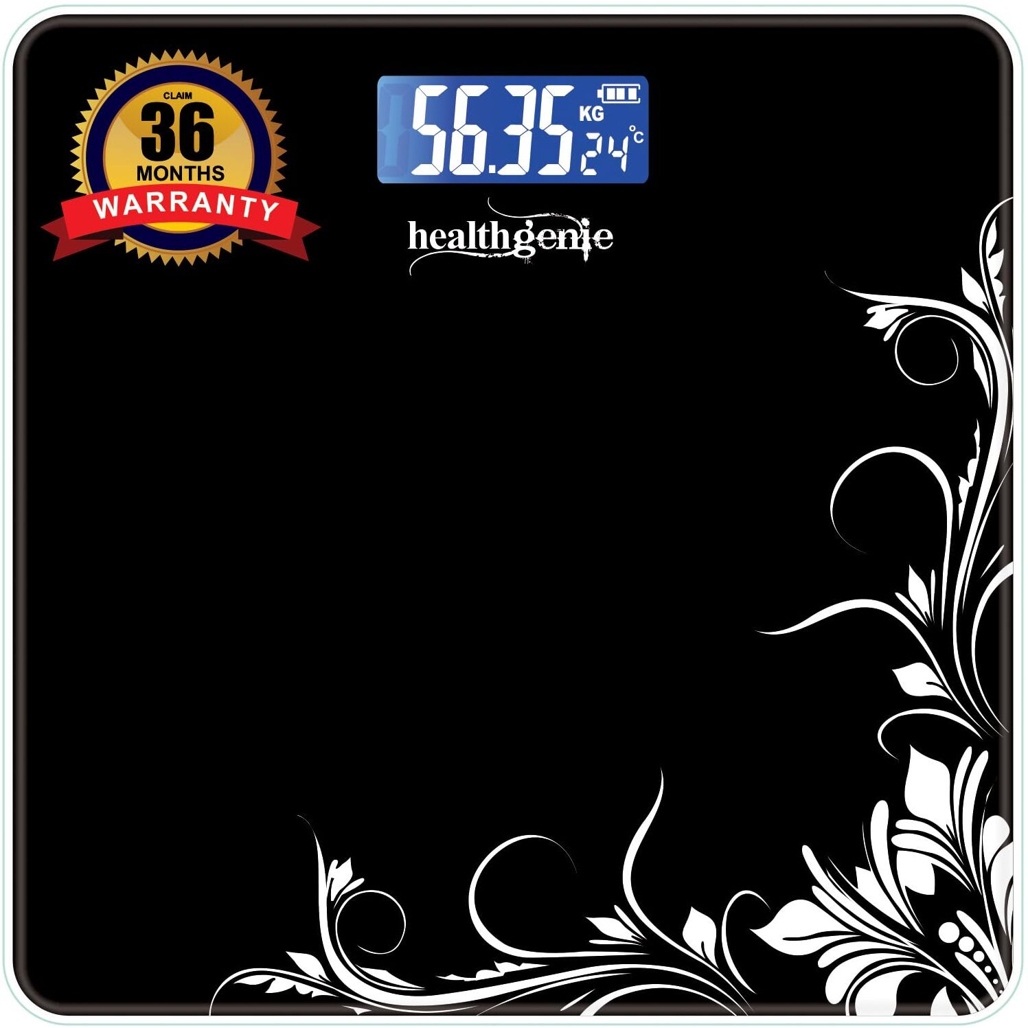 Healthgenie Weight Machine for Body Weight With 3 Yrs Warranty & Thick Tempered Glass LCD Display Digital Weighing Machine (Black Pattern) HD-221