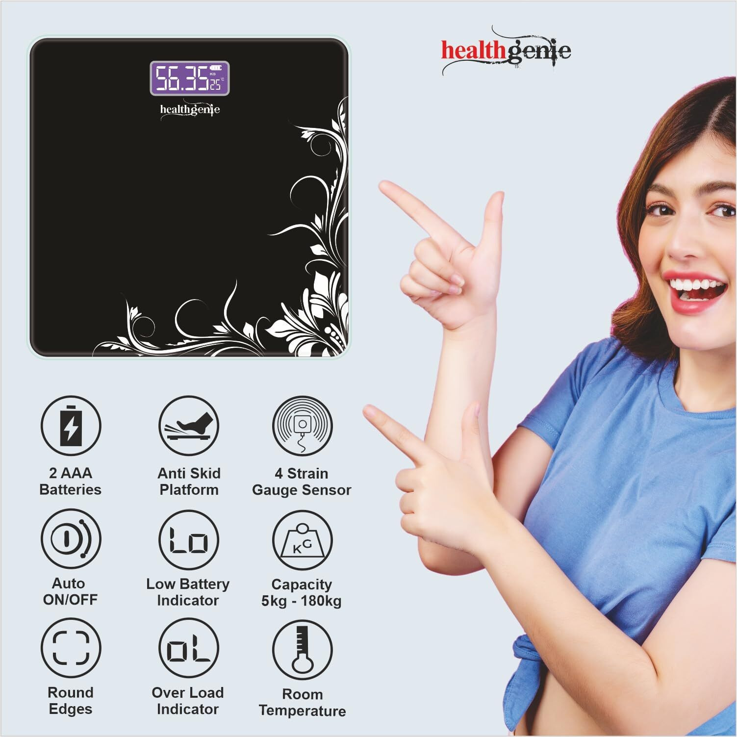 Healthgenie Weight Machine for Body Weight With 3 Yrs Warranty & Thick Tempered Glass LCD Display Digital Weighing Machine (Black Pattern) HD-221