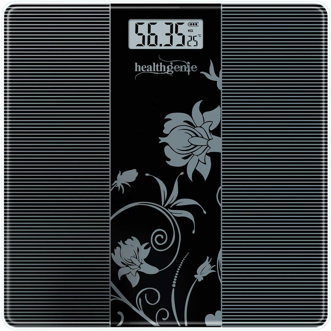 Healthgenie Weight Machine For Body Weight Digital Weighing Scale Thick Tempered Glass LCD Display with 3 Year Warranty & Batteries HD-221 (93 Black)