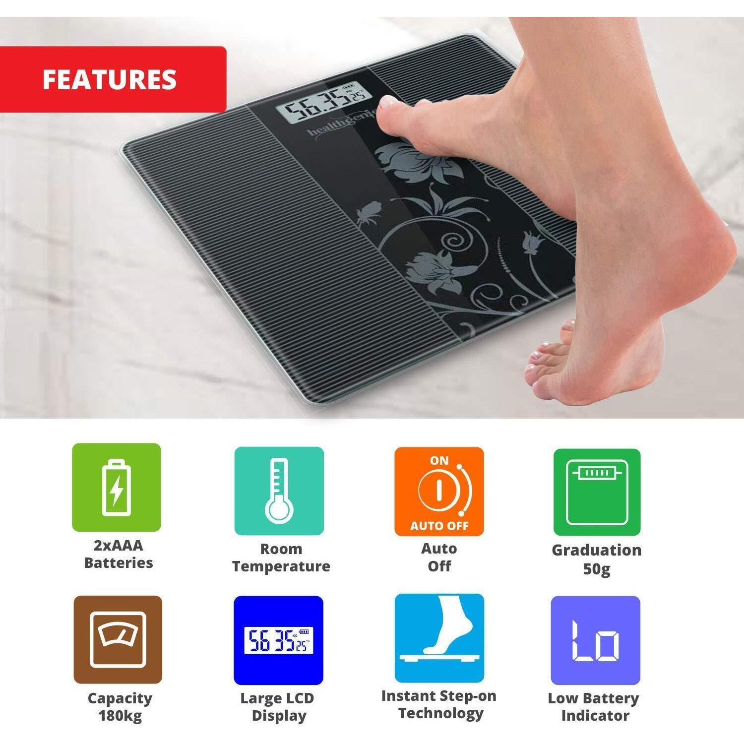 Healthgenie Weight Machine For Body Weight Digital Weighing Scale Thick Tempered Glass LCD Display with 3 Year Warranty & Batteries HD-221 (93 Black)